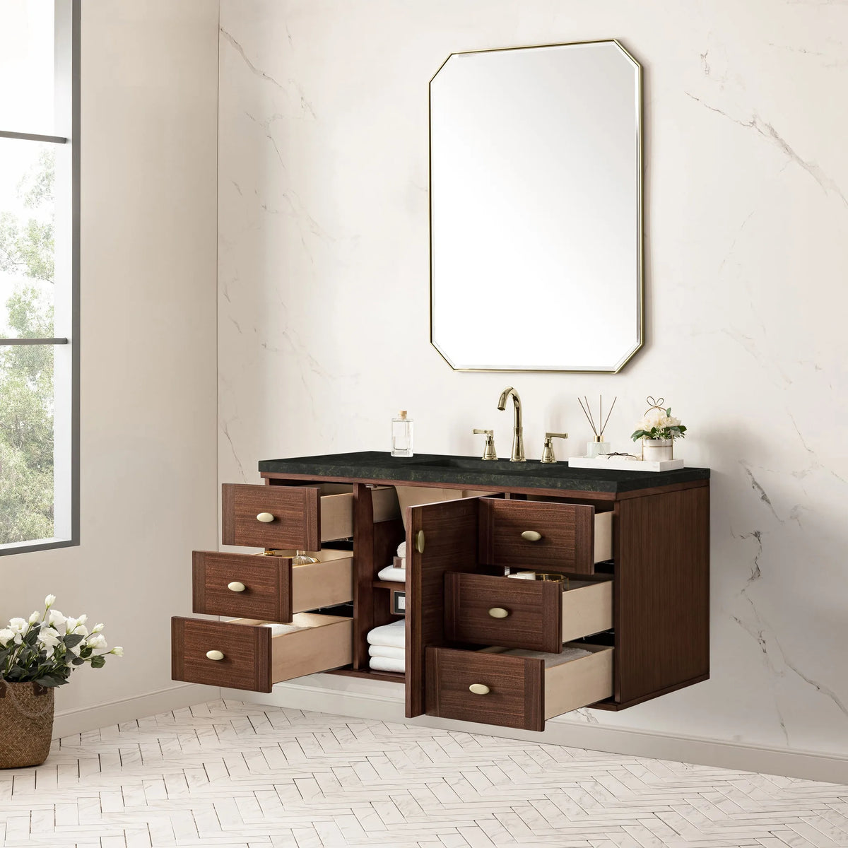 Amberly 48" Single Vanity, Mid-Century Walnut, w/ 3 CM Phantome Eclos Top