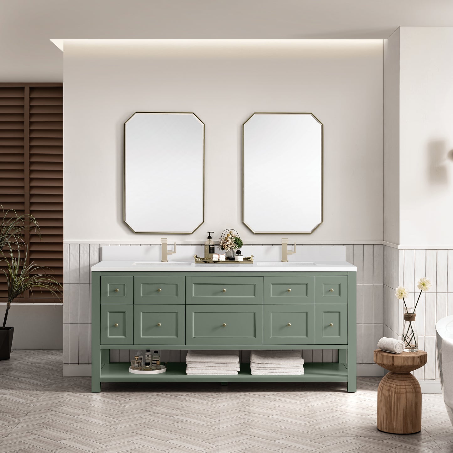 Renovate for Less Atlanta Breckenridge 72" Double Vanity, Smokey Celadon w/ Single Hole 3 CM White Zeus Top & Backsplash