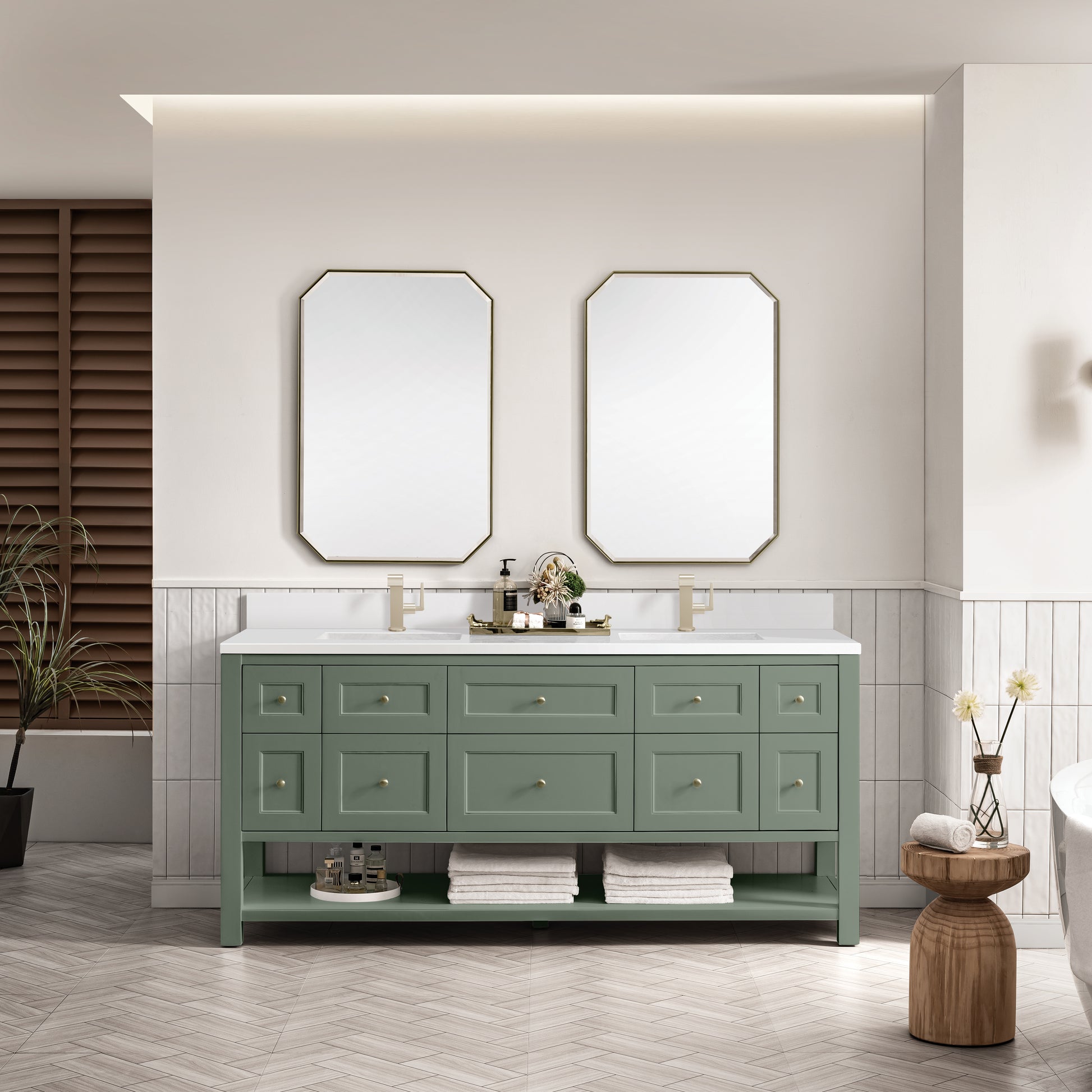 Renovate for Less Atlanta Breckenridge 72" Double Vanity, Smokey Celadon w/ Single Hole 3 CM White Zeus Top & Backsplash