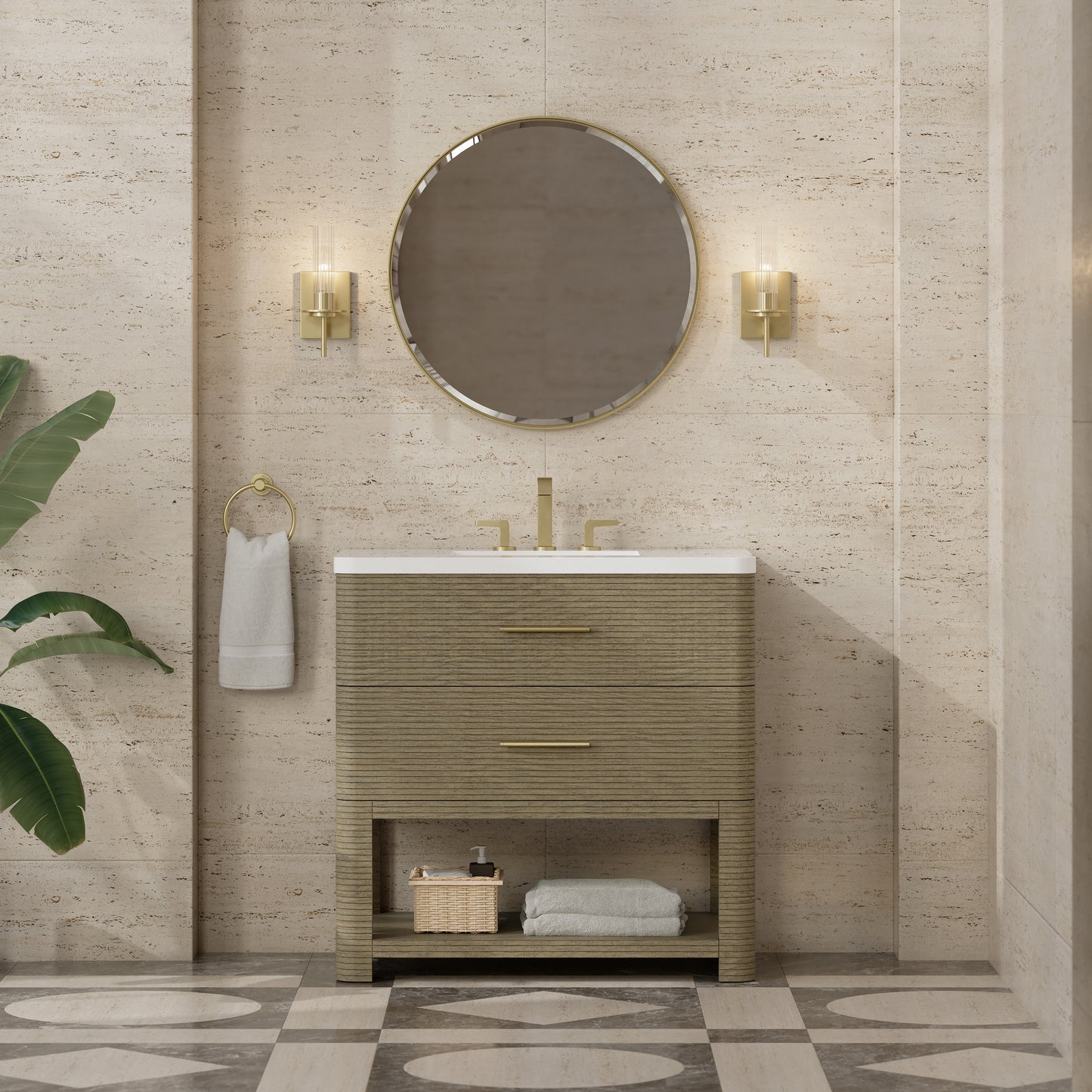 Renovate for Less Atlanta Lucian 36" Single Vanity, Pebble Oak w/ 3 CM White Zeus Silestone Widespread Top