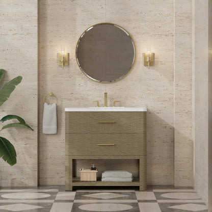 Renovate for Less Atlanta Lucian 36" Single Vanity, Pebble Oak w/ 3 CM White Zeus Silestone Widespread Top