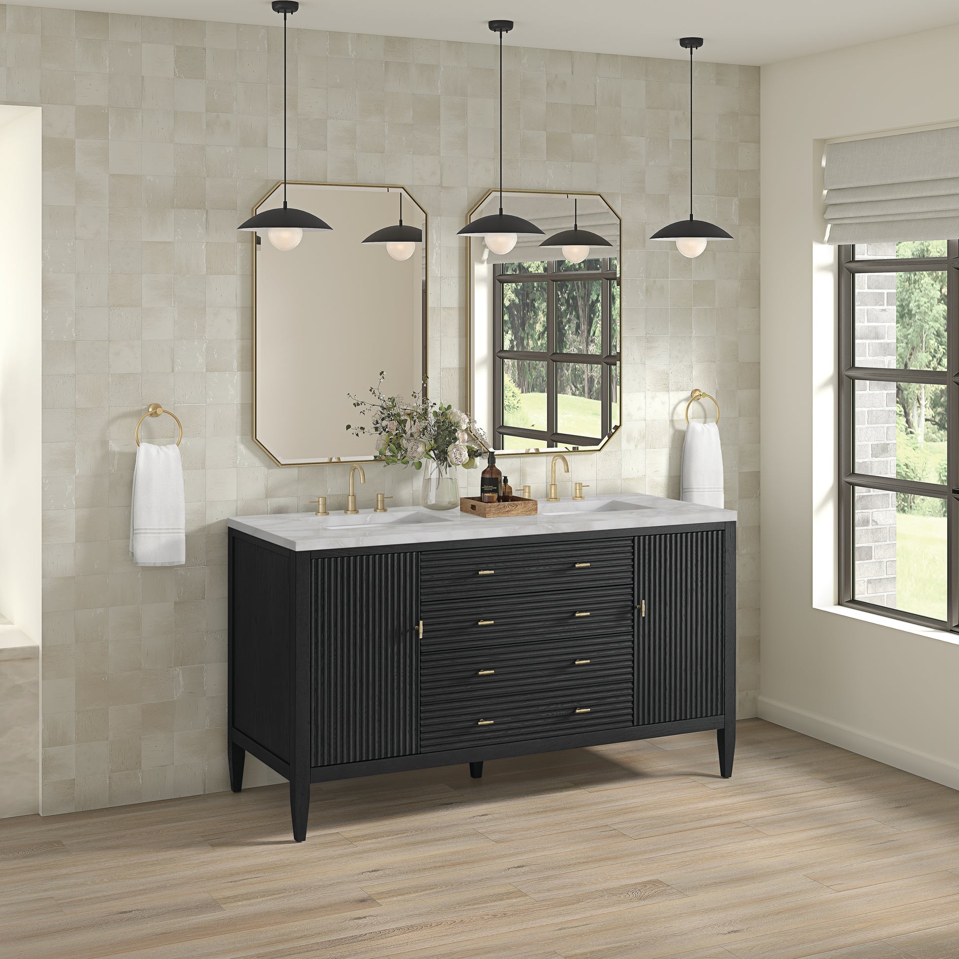 Renovate for Less Atlanta Myrrin 60" Double Vanity, Carbon Oak w/ 3 CM Victorian Silver Silestone Top w/FreePower Wireless Charger