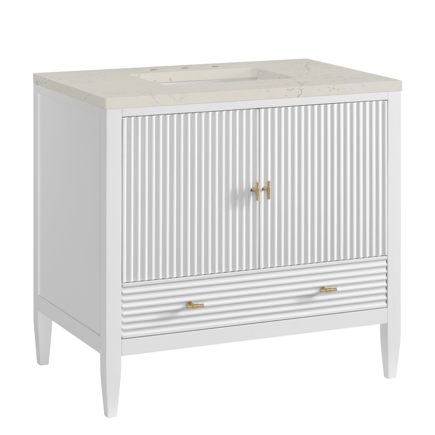 Renovate for Less Atlanta Myrrin 36" Vanity, Bright White, w/ 3 CM Siberian Silestone Top