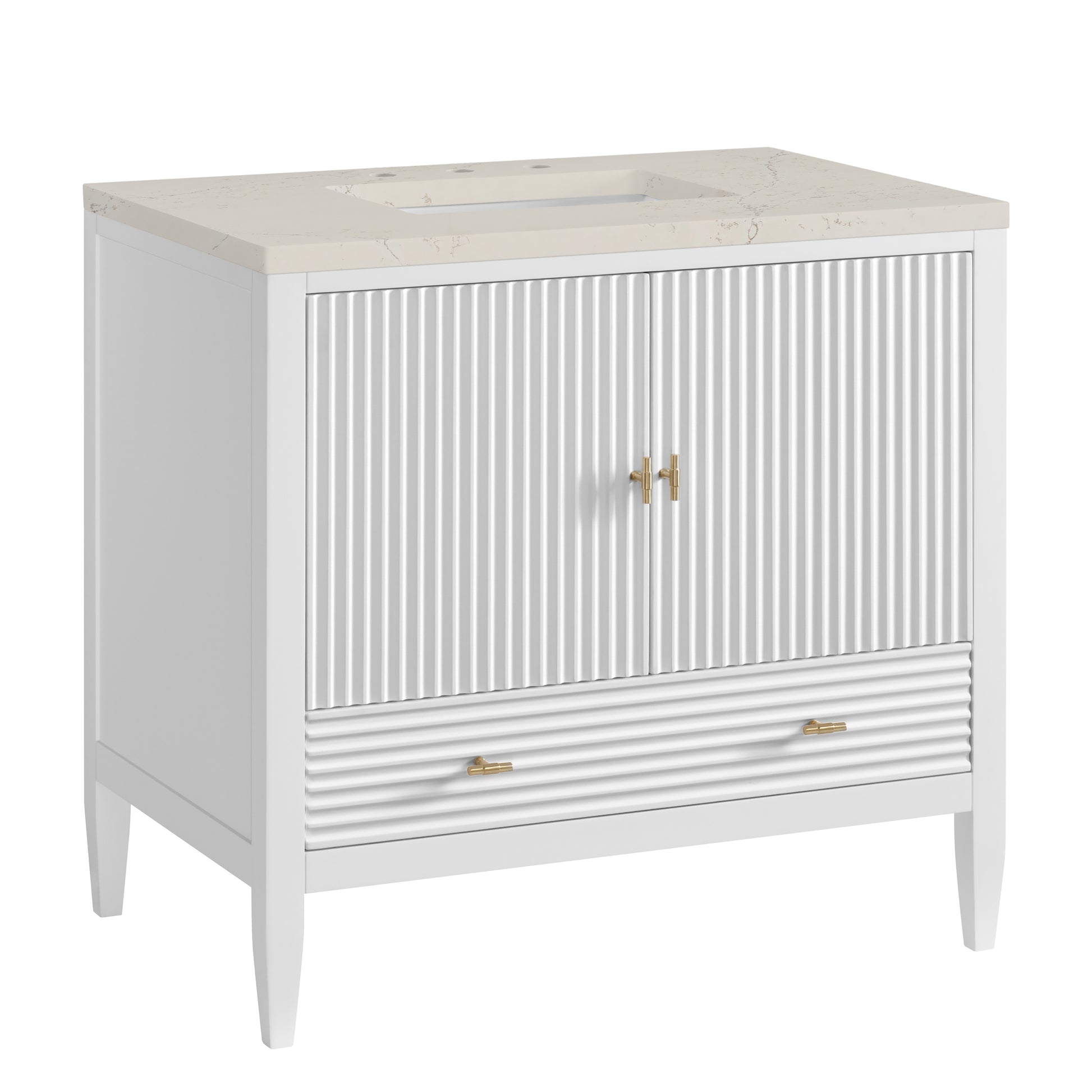 Renovate for Less Atlanta Myrrin 36" Vanity, Bright White, w/ 3 CM Siberian Silestone Top