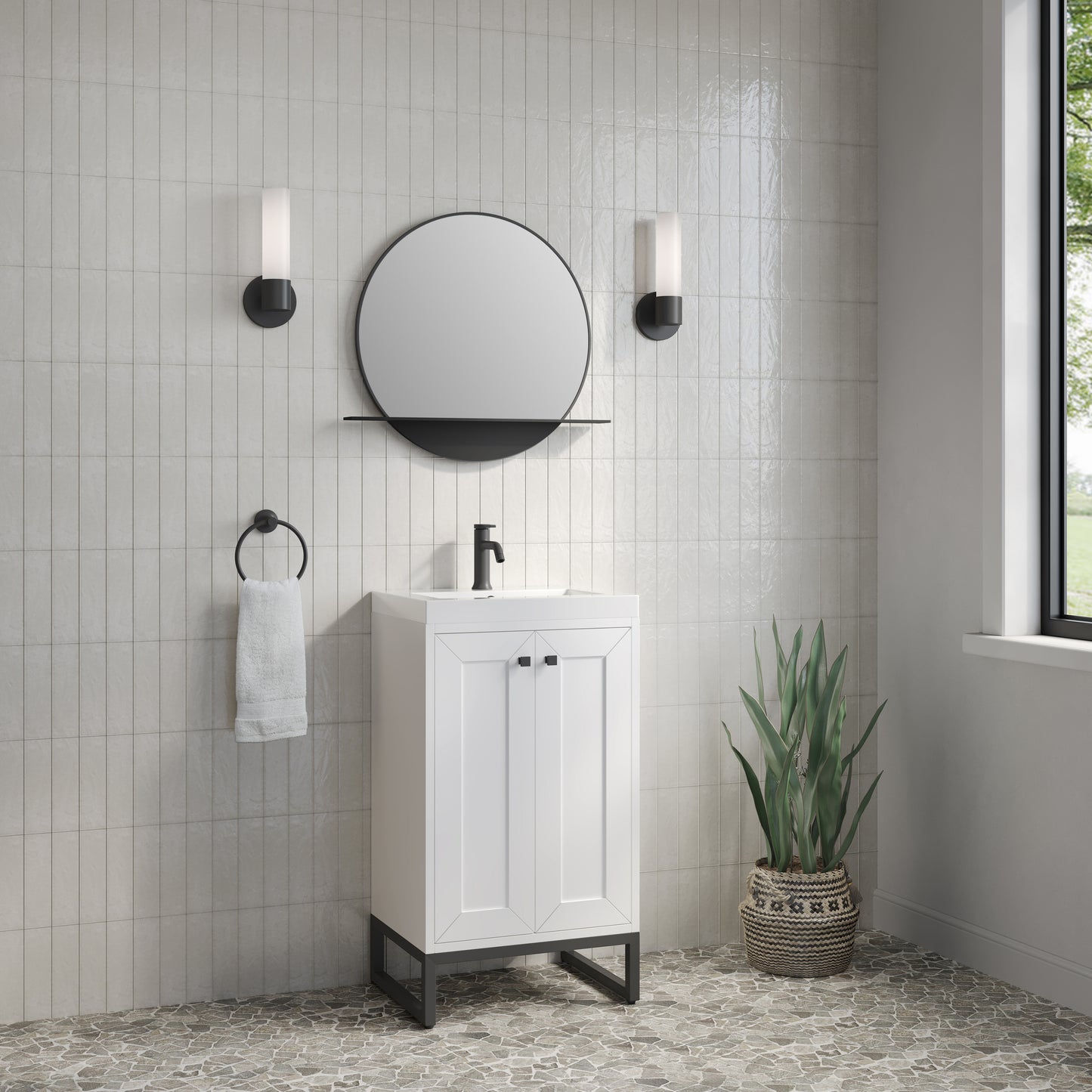 Renovate for Less Atlanta Chianti 20" Single Vanity, Glossy White, Matte Black, w/ White Glossy Composite Stone Top