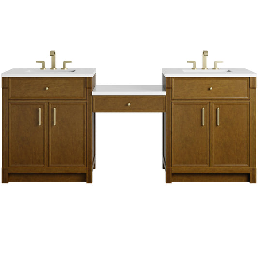 Bellshire 84" Dual Vanity Set with 24" Make-Up Counter, Honey Oak w/3 cm White Zeus Silestone Top