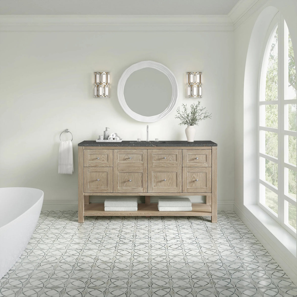 Breckenridge 60" Single Vanity, Whitewashed Oak w/ 3 CM Parisien Bleu Top w/ FreePower Wireless Charger