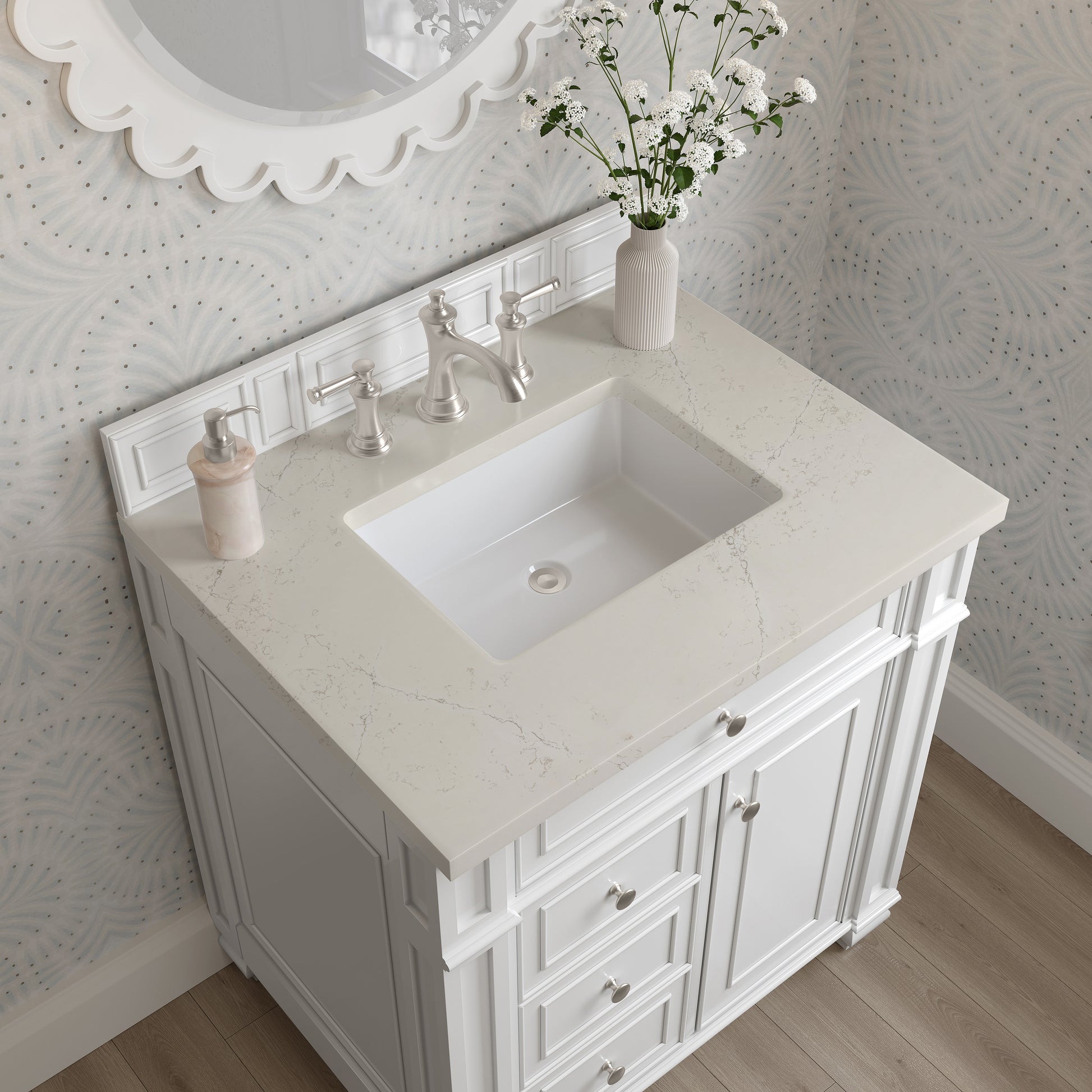 Renovate for Less Atlanta Bristol 30" Single Vanity, Bright White, w/ 3 CM Siberian Silestone Top