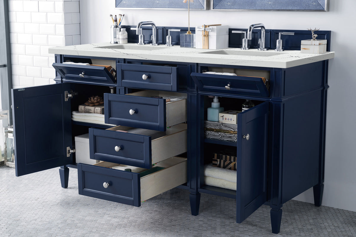 Brittany 60" Double Vanity, Victory Blue w/ 3 CM Ethereal Noctis Silestone Top w/FreePower Wireless Charger