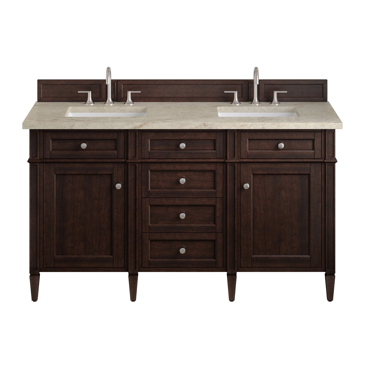 Renovate for Less Atlanta Brittany 60" Double Vanity, Burnished Mahogany, w/ 3 CM Tajnar Eclos Top w/FreePower Wireless Charger
