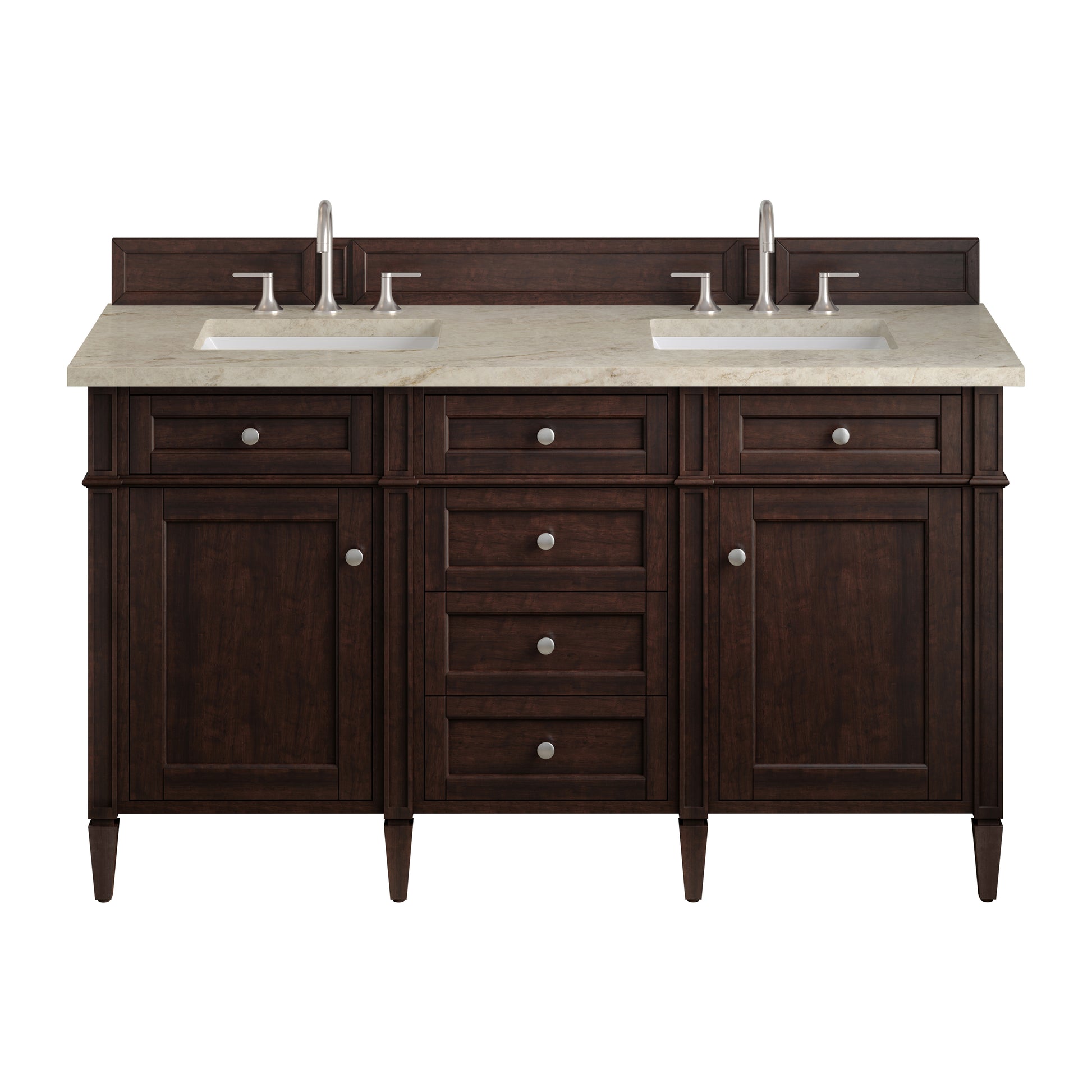 Renovate for Less Atlanta Brittany 60" Double Vanity, Burnished Mahogany, w/ 3 CM Tajnar Eclos Top w/FreePower Wireless Charger