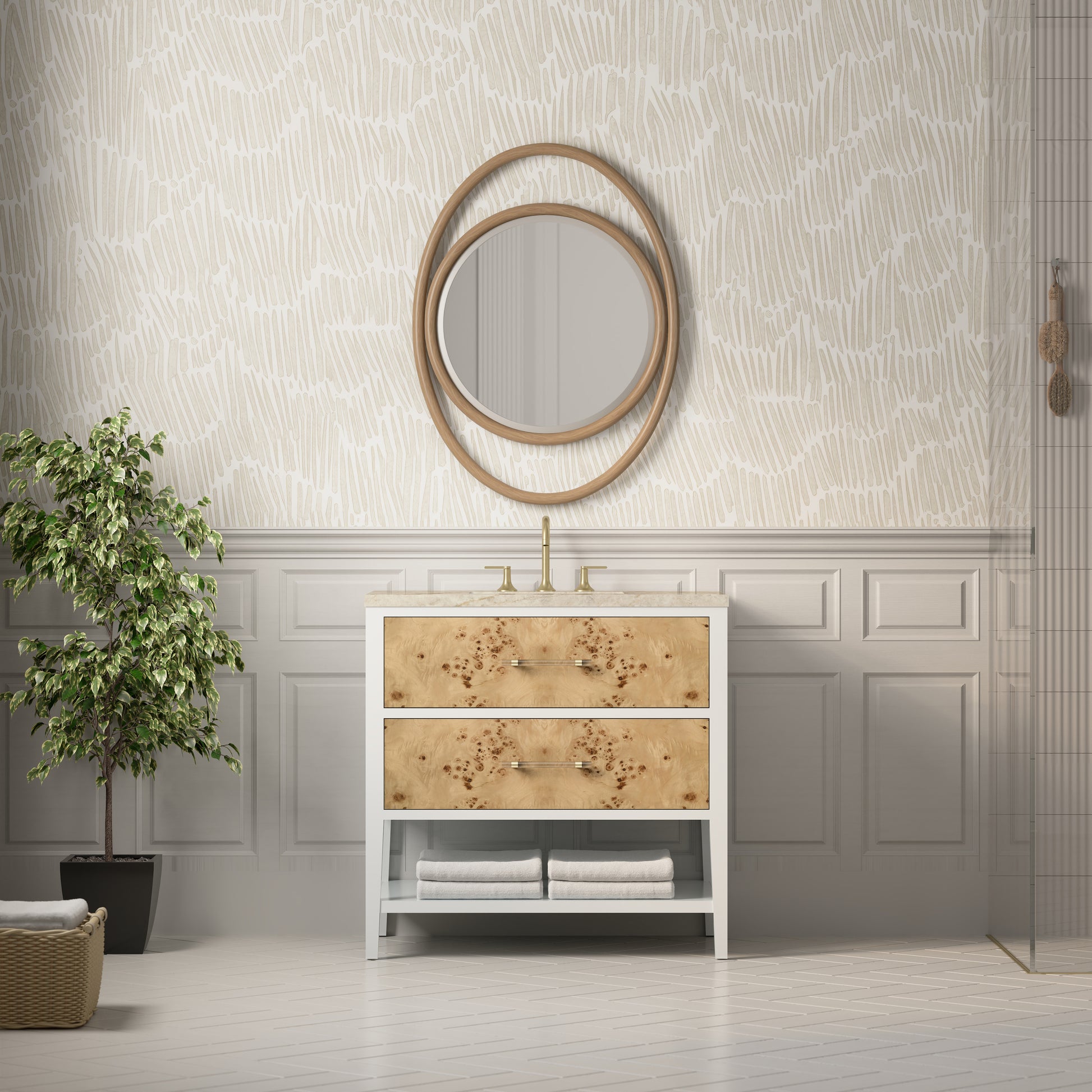Renovate for Less Atlanta Olena 36" Single Vanity, Light Mappa Burl and Polished White, w/ 3 CM Tajnar Eclos Top