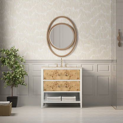 Renovate for Less Atlanta Olena 36" Single Vanity, Light Mappa Burl and Polished White, w/ 3 CM Tajnar Eclos Top