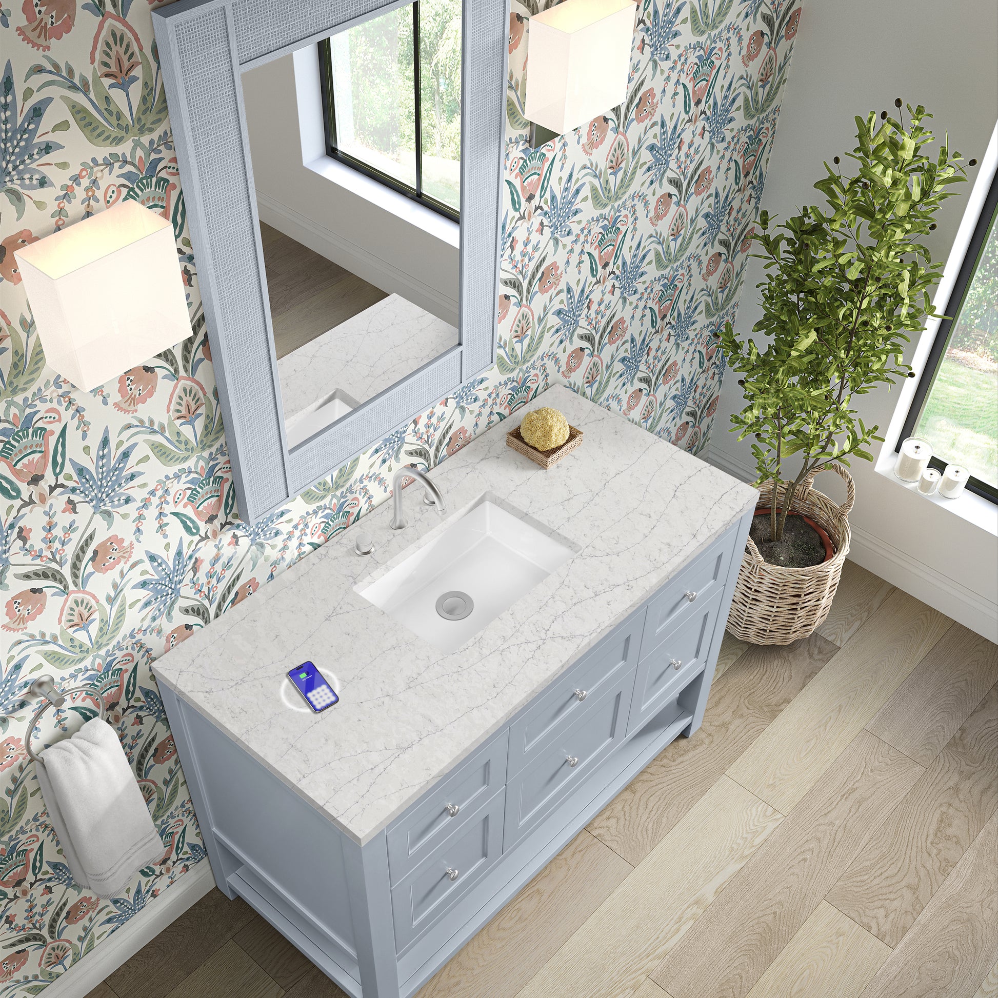 Renovate for Less Atlanta Breckenridge 48" Single Vanity, Serenity Blue, w/ 3 CM Eternal Jasmine Pearl Quartz Top w/FreePower Wireless Charger