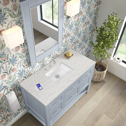 Renovate for Less Atlanta Breckenridge 48" Single Vanity, Serenity Blue, w/ 3 CM Eternal Jasmine Pearl Quartz Top w/FreePower Wireless Charger