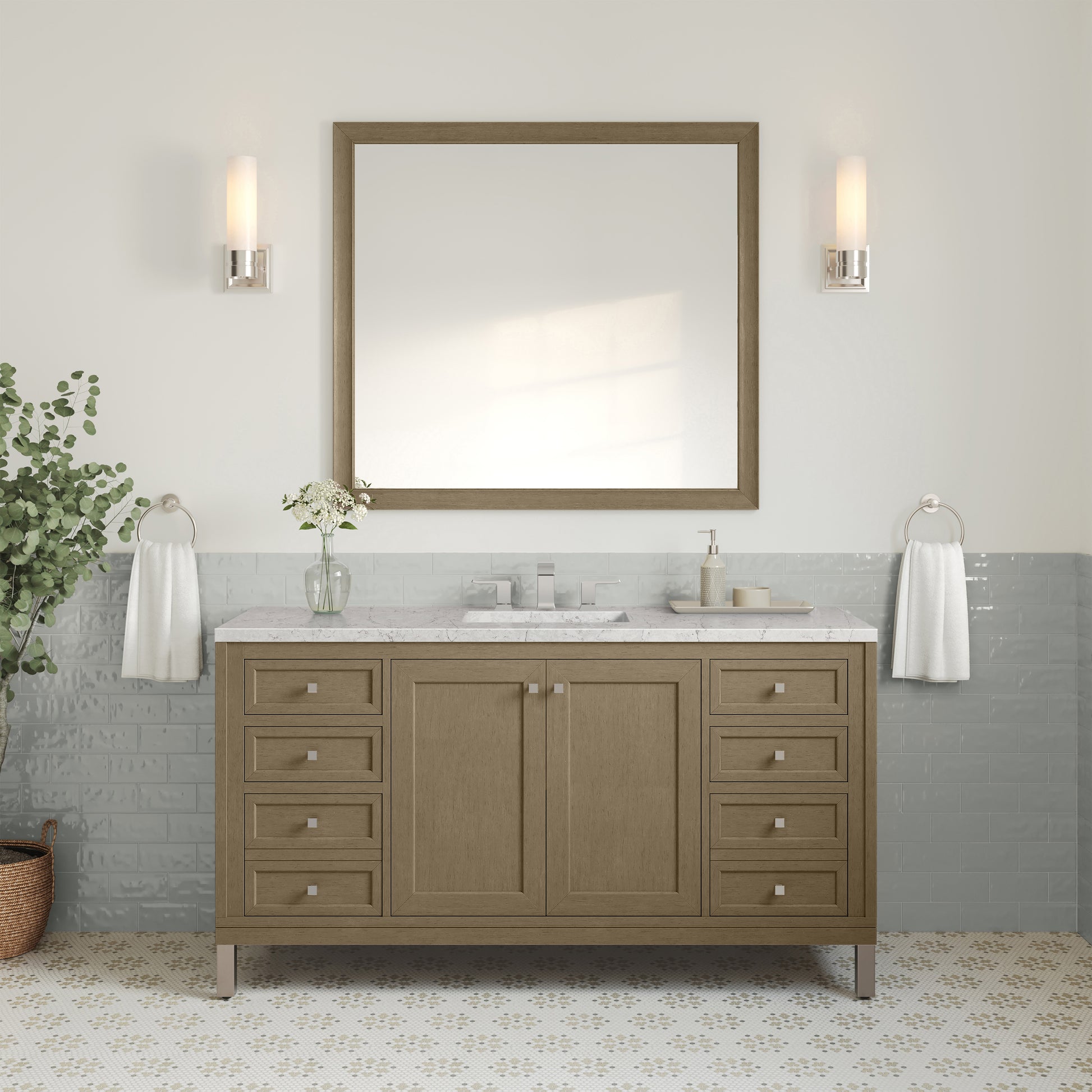 Renovate for Less Atlanta Chicago 60" Single Vanity, Walnut Whisper, w/ 3 CM Eternal Jasmine Pearl Silestone® Top