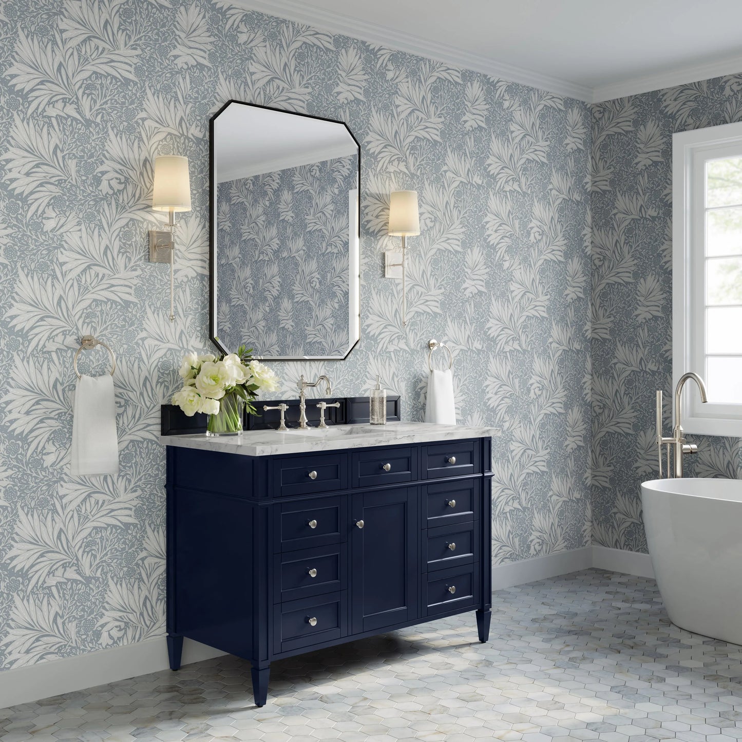 Brittany 48" Single Vanity, Victory Blue w/ 3 CM Carrara Marble Top