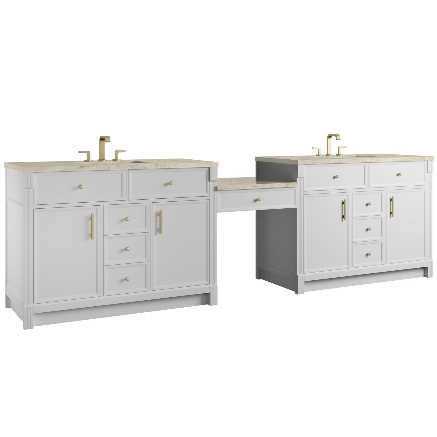 Renovate for Less Atlanta Bellshire 120" Dual Vanity Set with 24" Make-Up Counter, Bright White w/3 cm Tajnar Eclos Top w/FreePower Wireless Charger