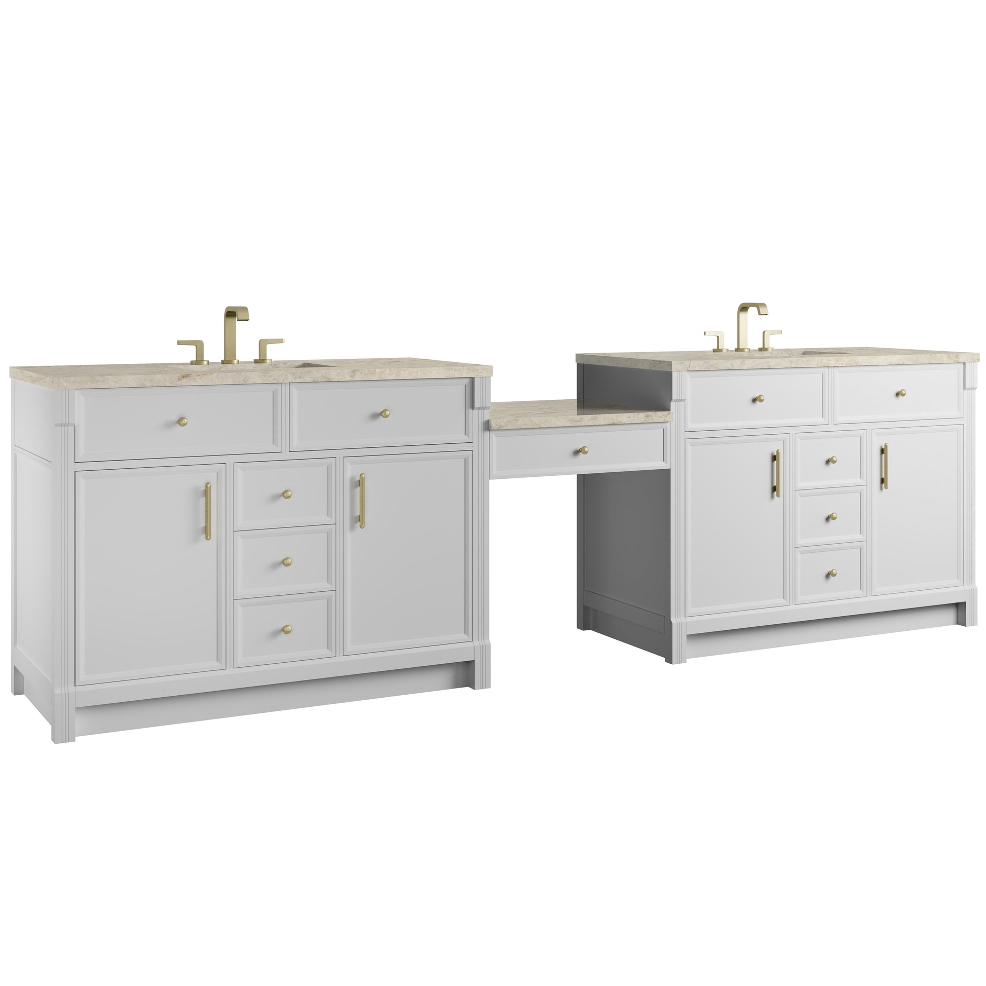 Renovate for Less Atlanta Bellshire 120" Dual Vanity Set with 24" Make-Up Counter, Bright White w/3 cm Tajnar Eclos Top w/FreePower Wireless Charger