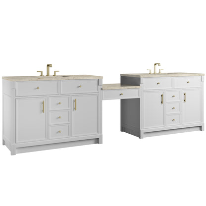 Renovate for Less Atlanta Bellshire 120" Dual Vanity Set with 24" Make-Up Counter, Bright White w/3 cm Tajnar Eclos Top w/FreePower Wireless Charger
