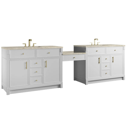 Bellshire 120" Dual Vanity Set with 24" Make-Up Counter, Bright White w/3 cm Tajnar Eclos Top w/FreePower Wireless Charger
