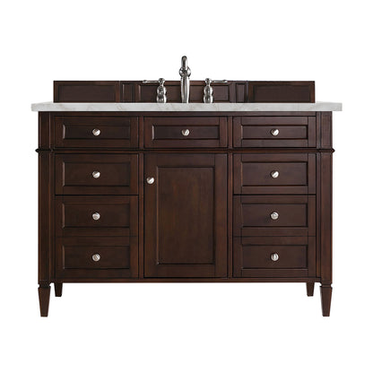 Renovate for Less Atlanta Brittany 48" Single Vanity, Burnished Mahogany w/ 3 CM Victorian Silver Silestone Top w/FreePower Wireless Charger