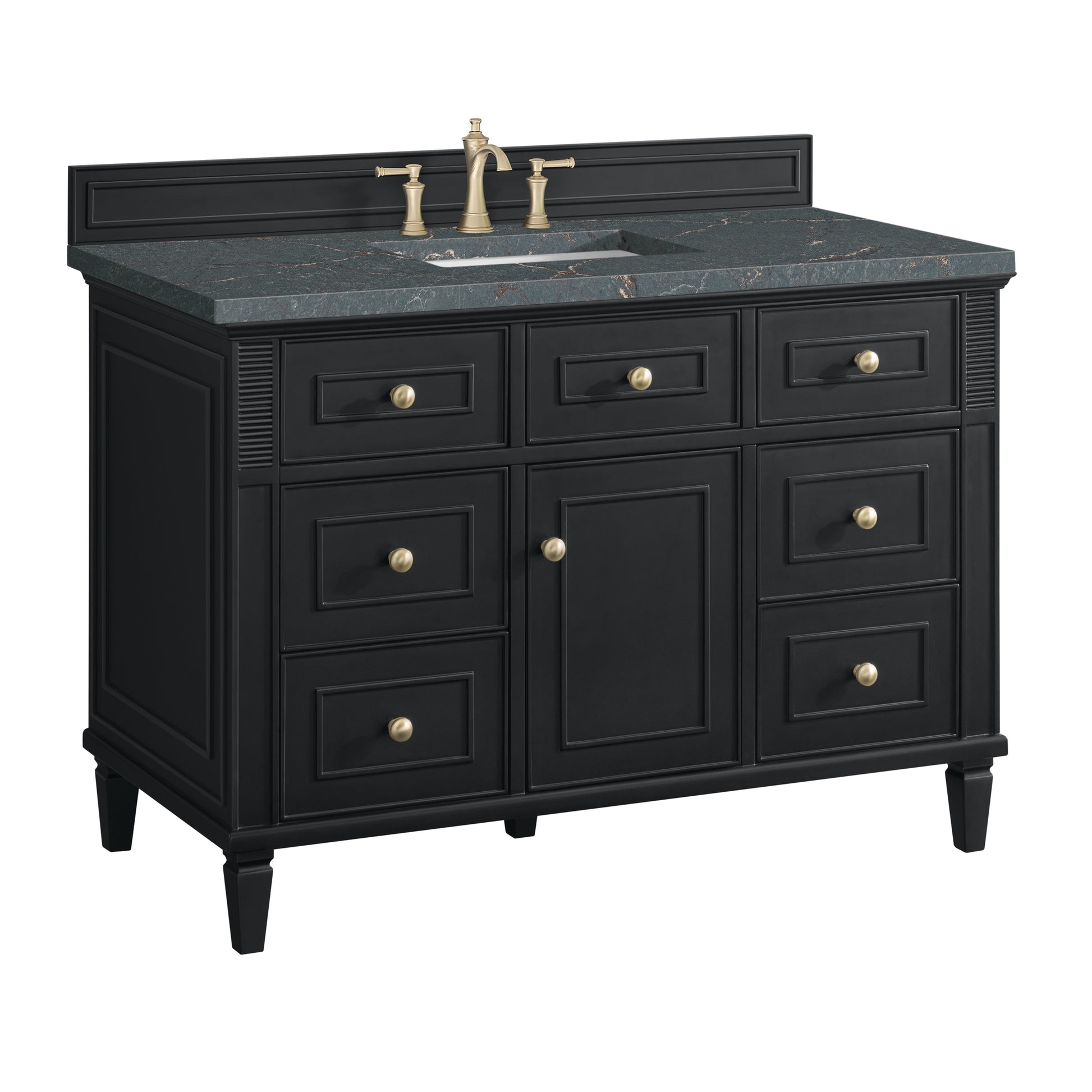 Renovate for Less Atlanta Lorelai 48" Single Vanity, Black Onyx w/ 3 CM Parisien Bleu Silestone Top w/FreePower Wireless Charger