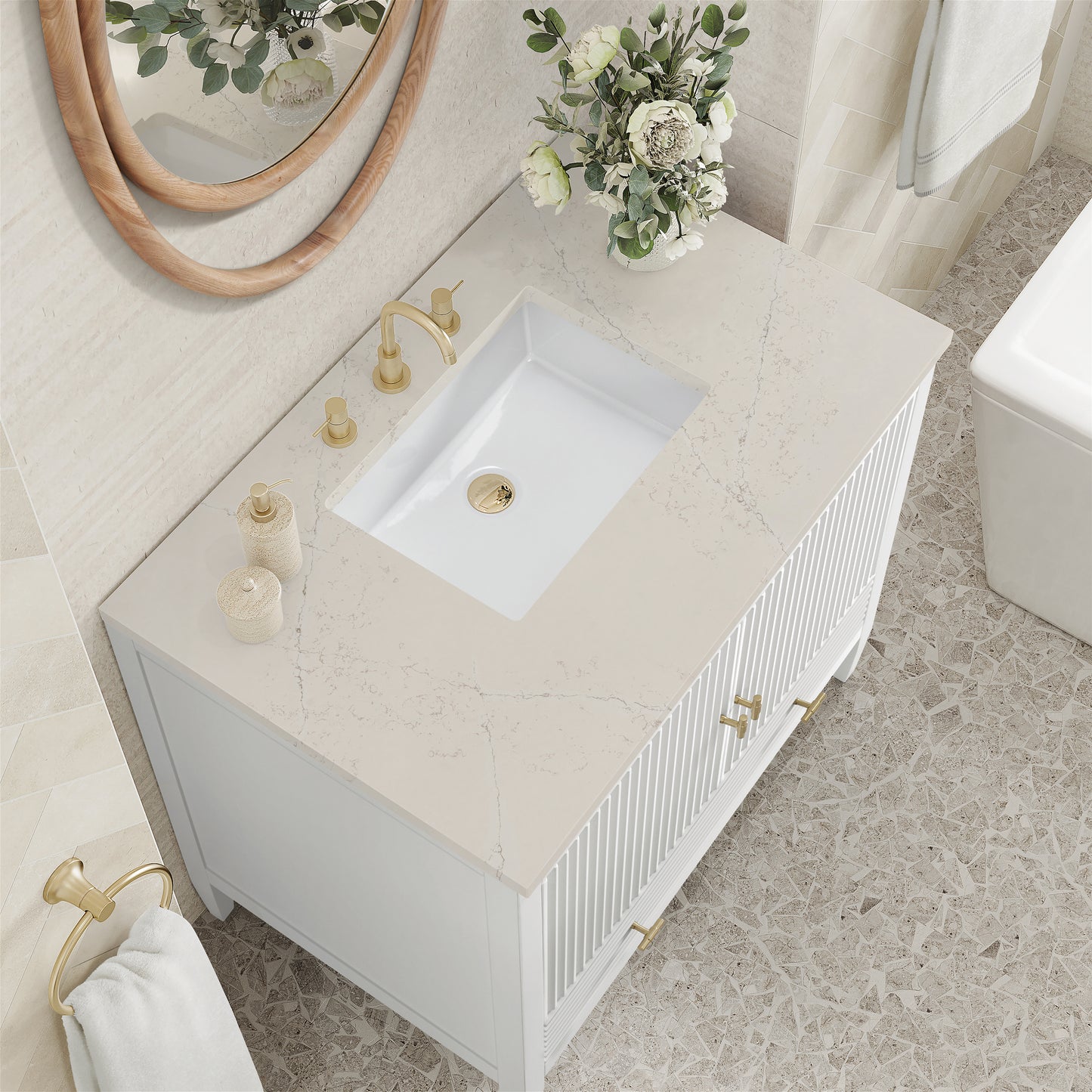 Renovate for Less Atlanta Myrrin 36" Vanity, Bright White, w/ 3 CM Siberian Silestone Top