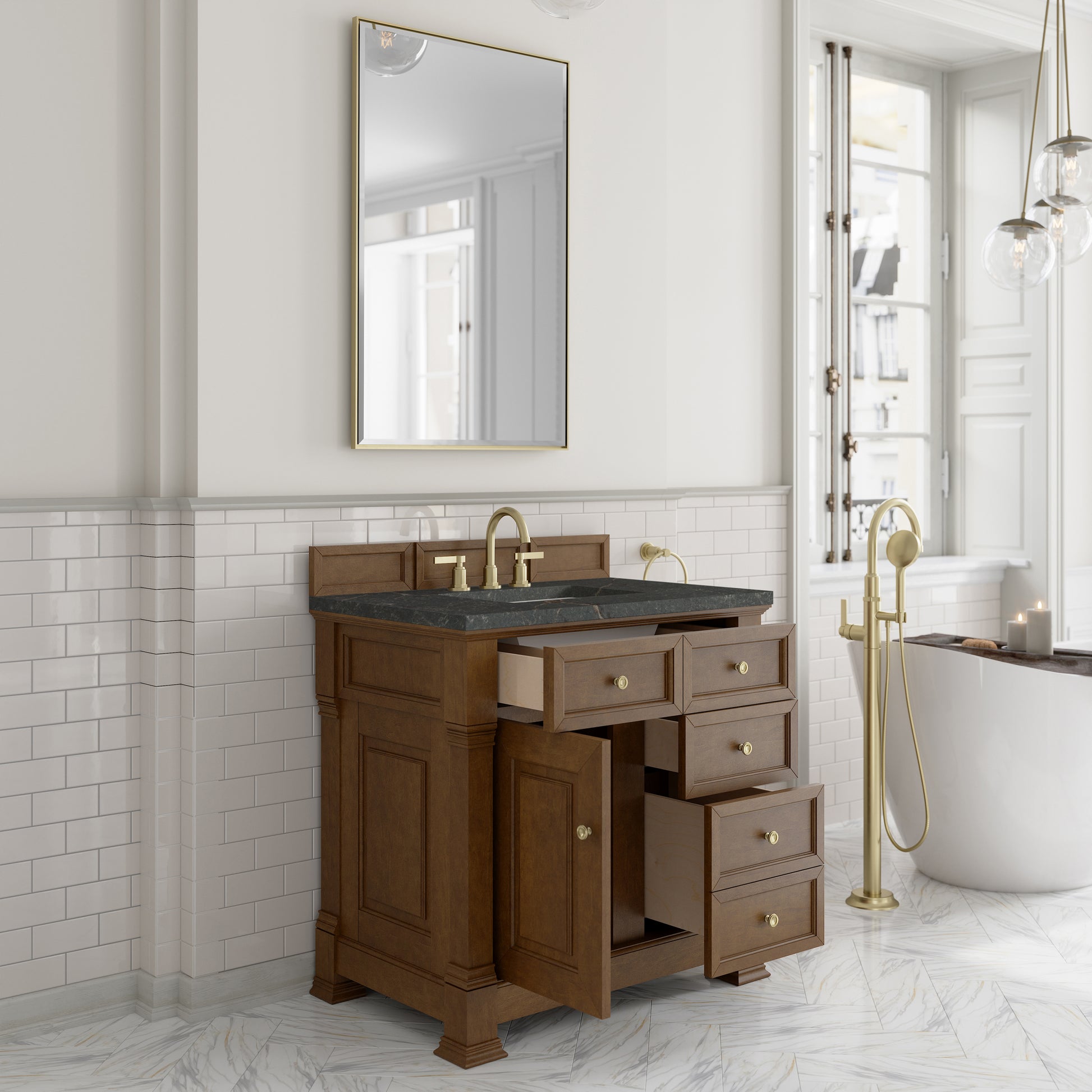 Renovate for Less Atlanta Brookfield 36" Single Vanity, Honey Oak w/ 3 CM Parisien Bleu Silestone Top