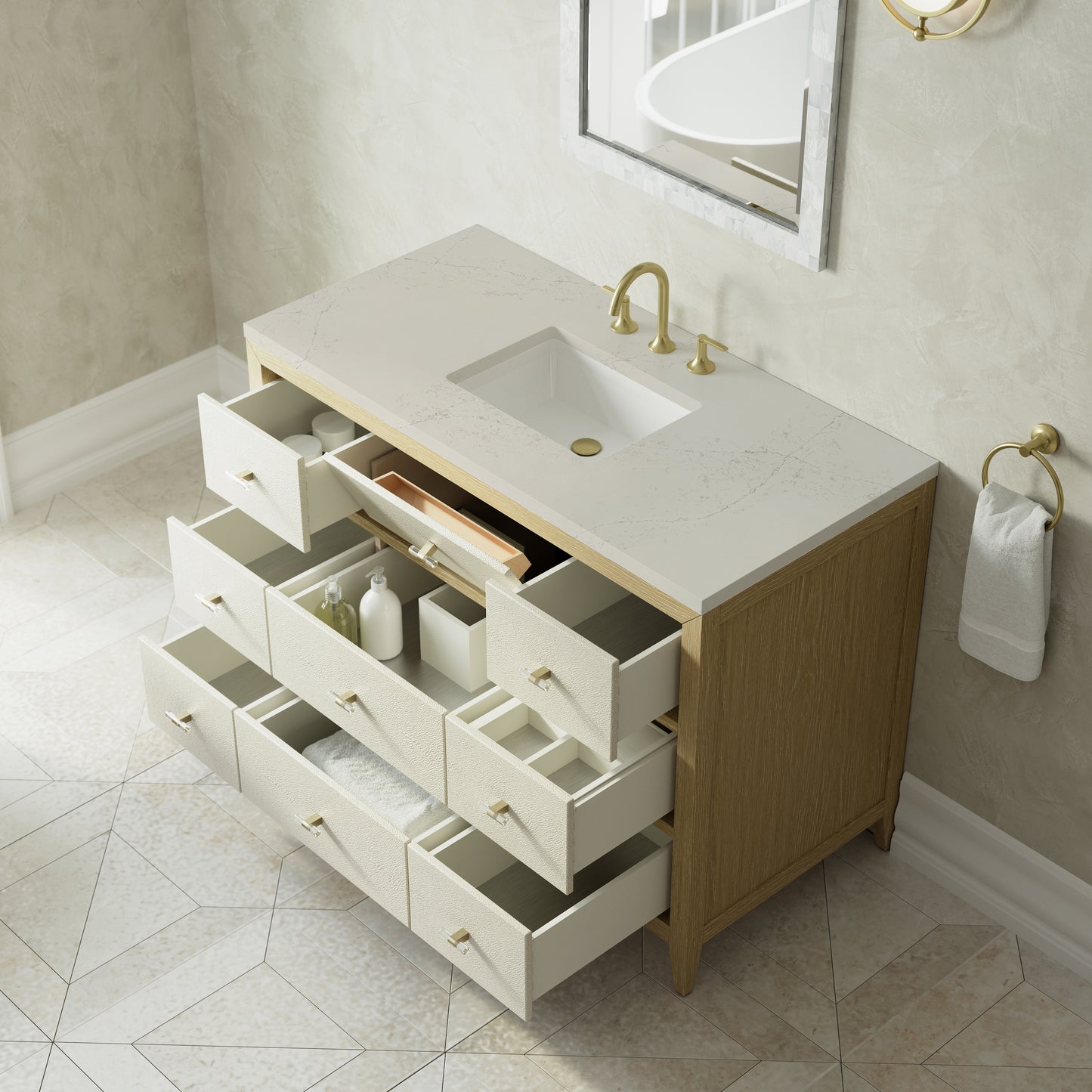Renovate for Less Atlanta Celeste 48" Single Vanity, Sunwashed Oak with Embossed Shagreen, w/ 3 CM Siberian Silestone Top w/FreePower Wireless Charger