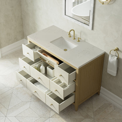 Renovate for Less Atlanta Celeste 48" Single Vanity, Sunwashed Oak with Embossed Shagreen, w/ 3 CM Siberian Silestone Top w/FreePower Wireless Charger
