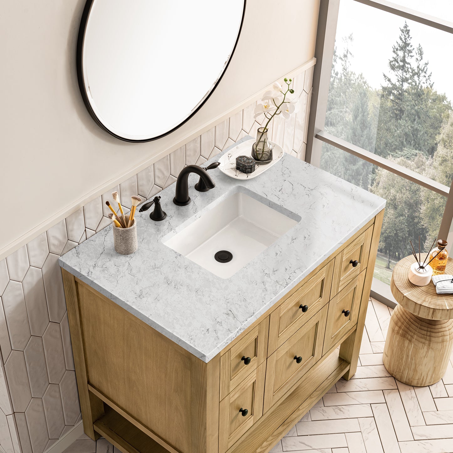 Renovate for Less Atlanta Breckenridge 36" Single Vanity, Light Natural Oak w/ 3 CM Eternal Jasmine Pearl Top