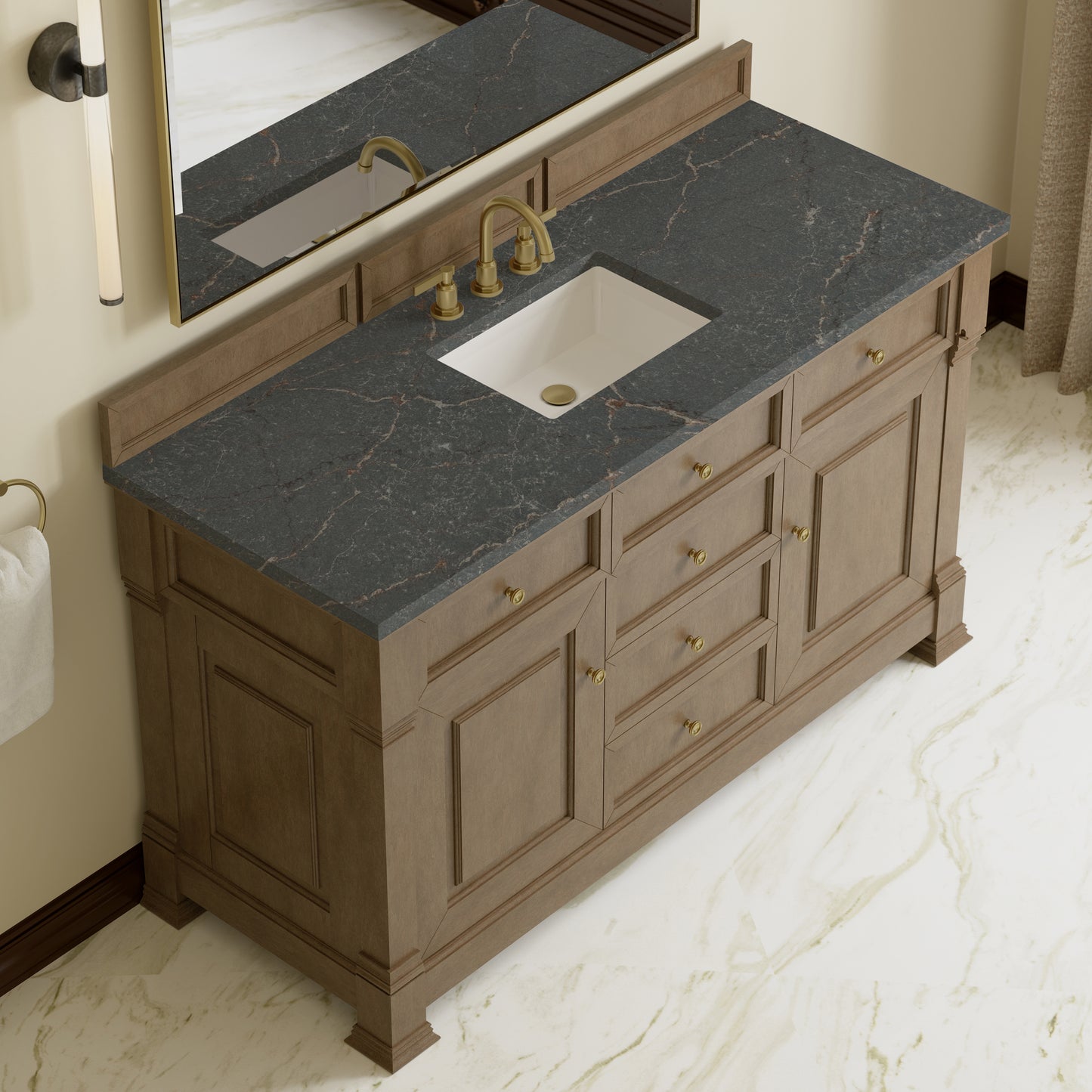 Renovate for Less Atlanta Brookfield 60" Single Vanity, Pecan w/ 3 CM Parisien Bleu Silestone Top
