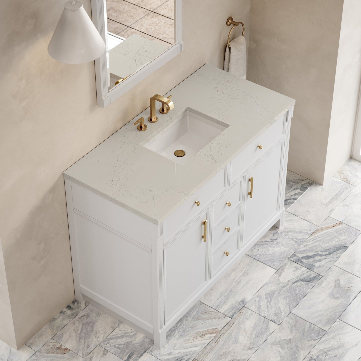 Renovate for Less Atlanta Bellshire 48" Single Vanity, Bright White w/ 3 CM Siberian Silestone Top