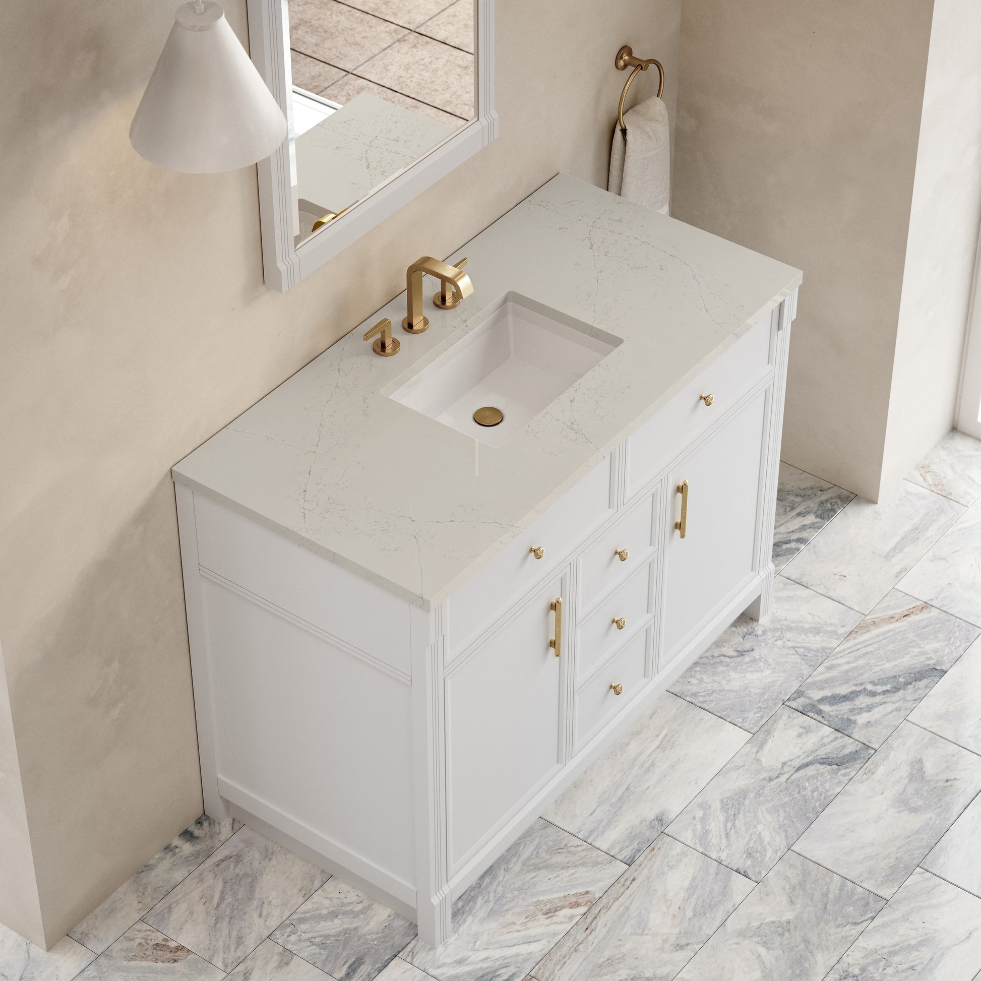 Renovate for Less Atlanta Bellshire 48" Single Vanity, Bright White w/ 3 CM Siberian Silestone Top