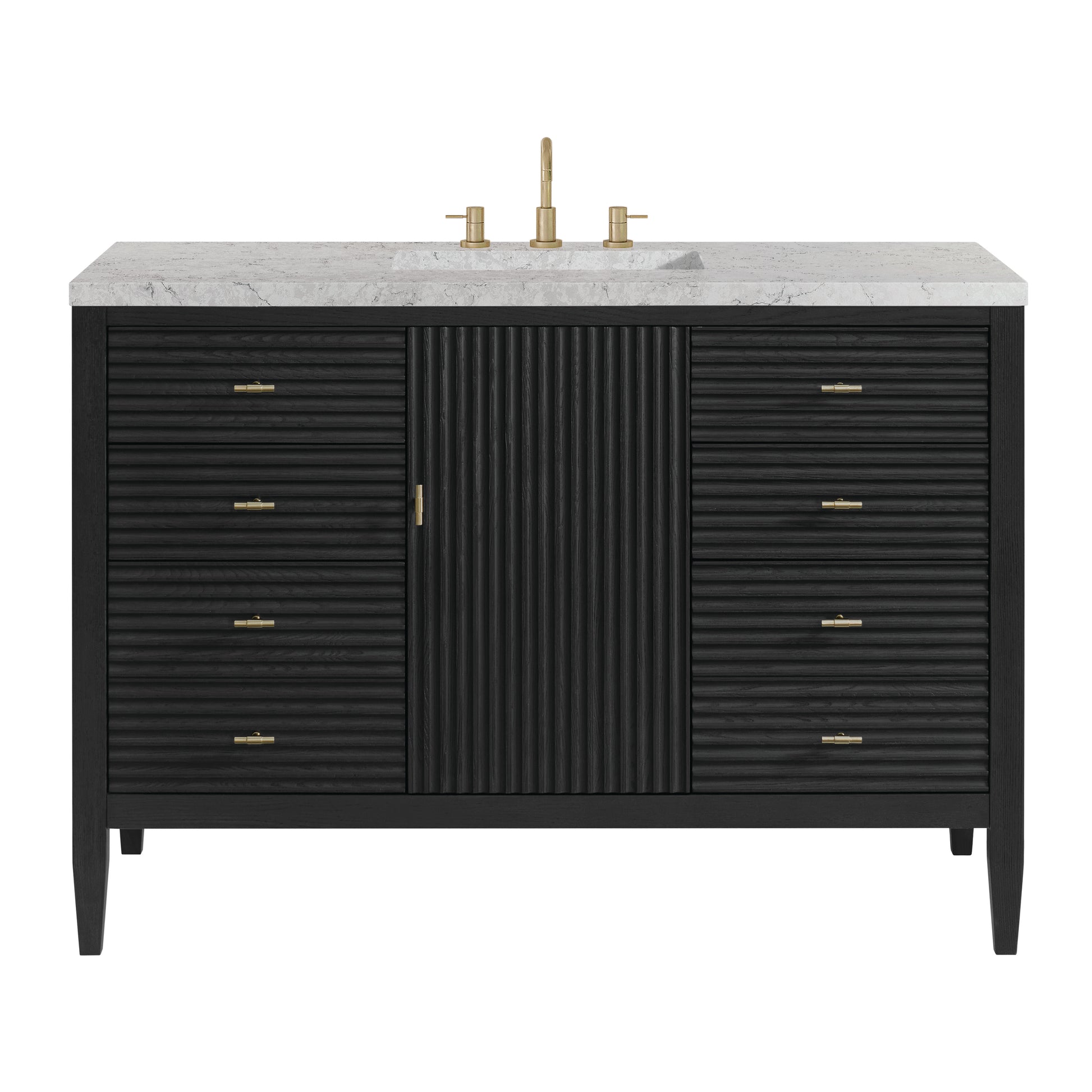 Renovate for Less Atlanta Myrrin 48" Single Vanity, Carbon Oak w/ 3 CM Eternal Jasmine Pearl Silestone Top