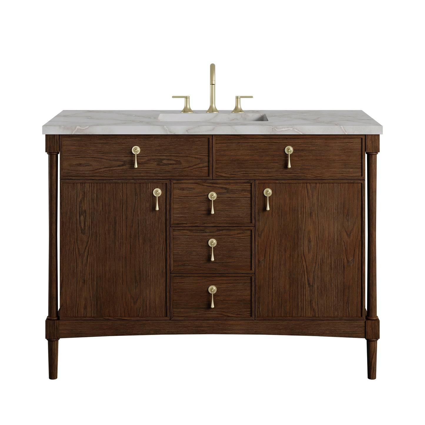 Renovate for Less Atlanta Kinnsden 48" Single Vanity, Sable Oak w/ 3 CM Victorian Silver Silestone Top w/FreePower Wireless Charger