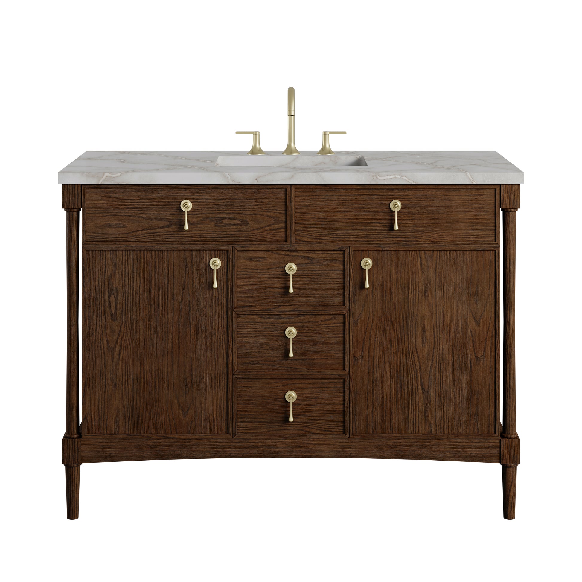 Renovate for Less Atlanta Kinnsden 48" Single Vanity, Sable Oak w/ 3 CM Victorian Silver Silestone Top w/FreePower Wireless Charger