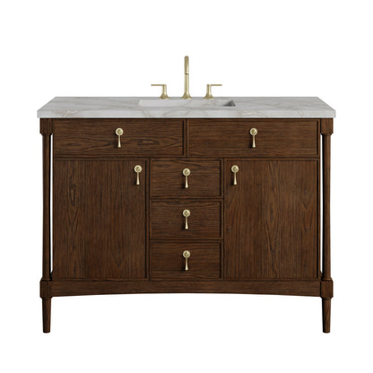 Renovate for Less Atlanta Kinnsden 48" Single Vanity, Sable Oak w/ 3 CM Victorian Silver Silestone Top w/FreePower Wireless Charger