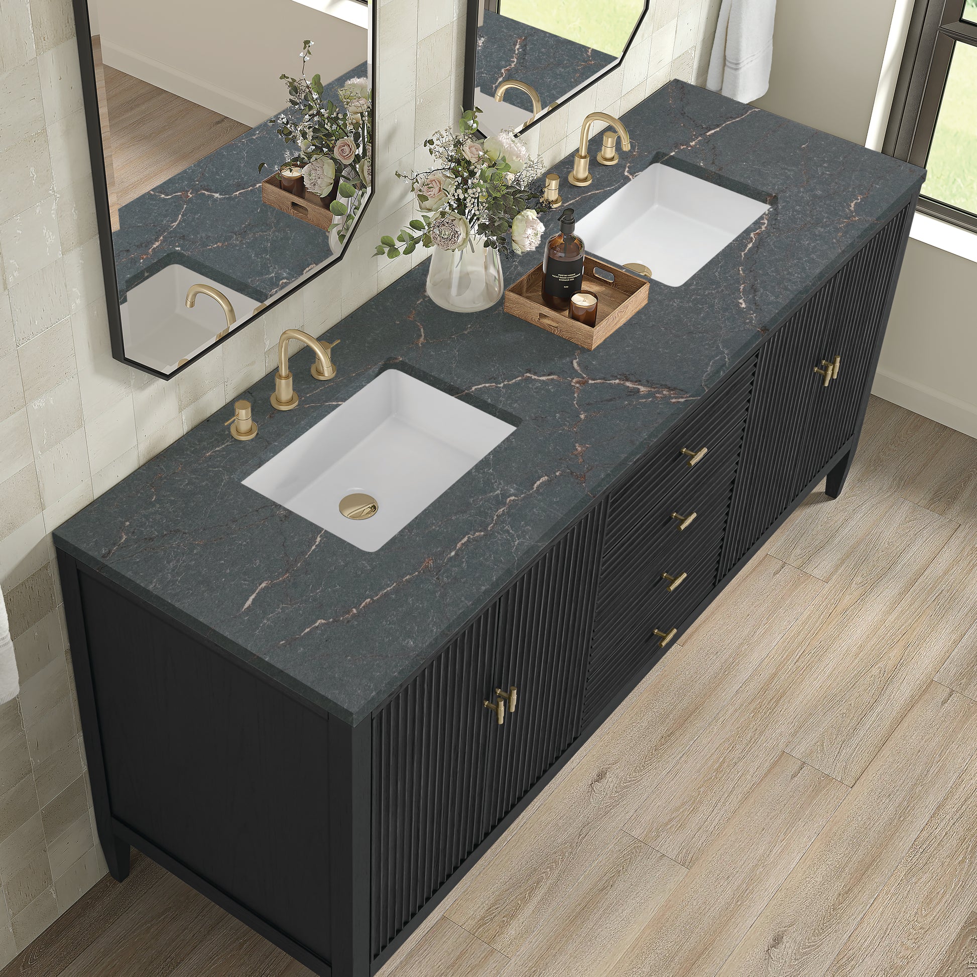 Renovate for Less Atlanta Myrrin 72" Double Vanity, Carbon Oak w/ 3 CM Parisien Bleu Silestone Top