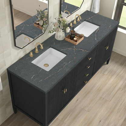 Renovate for Less Atlanta Myrrin 72" Double Vanity, Carbon Oak w/ 3 CM Parisien Bleu Silestone Top