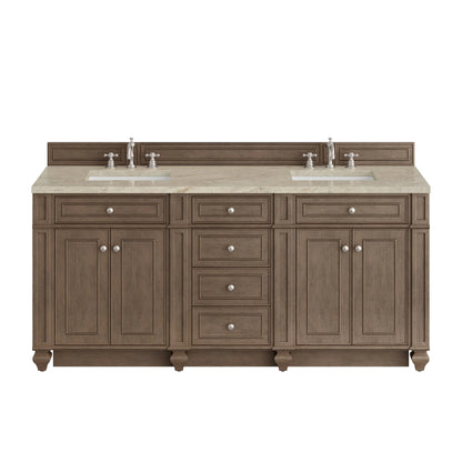 Bristol 72" Double Vanity, Whitewashed Walnut, w/ 3 CM Tajnar Eclos Top w/FreePower Wireless Charger