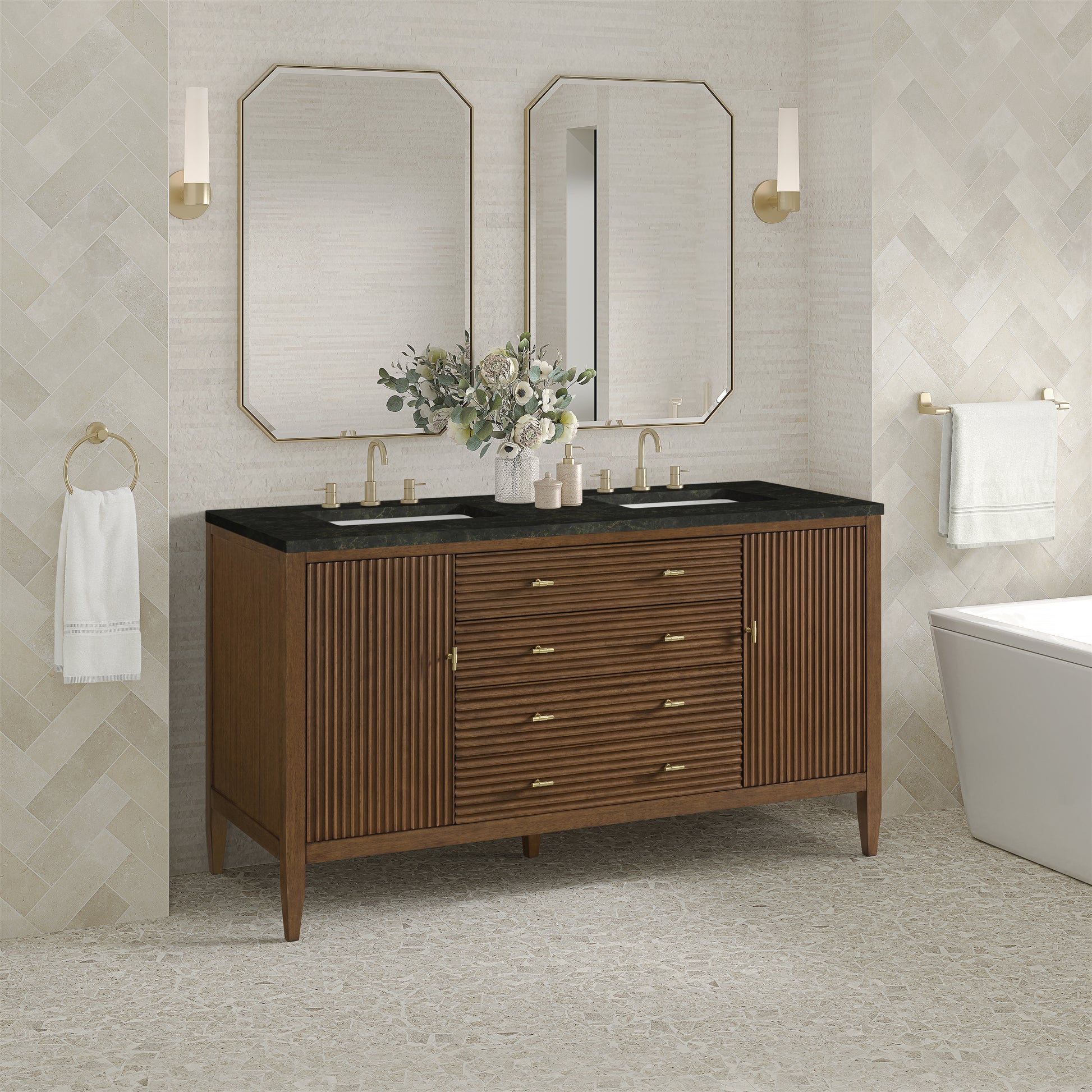 Renovate for Less Atlanta Myrrin 60" Double Vanity, Mid Century Walnut, w/ 3 CM Phantome Eclos Top