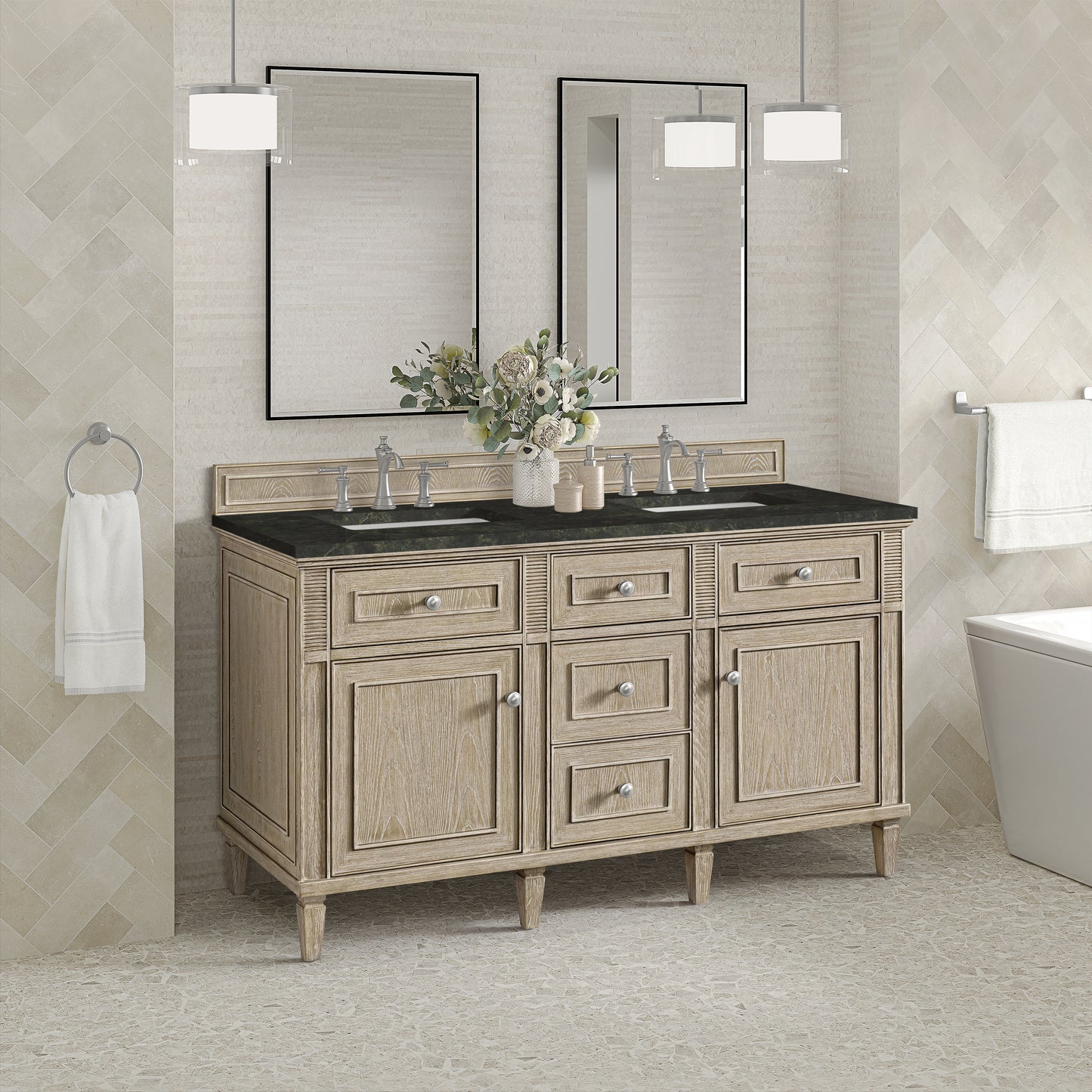 Renovate for Less Atlanta Lorelai 60" Double Vanity, Whitewashed Oak, w/ 3 CM Phantome Eclos Top