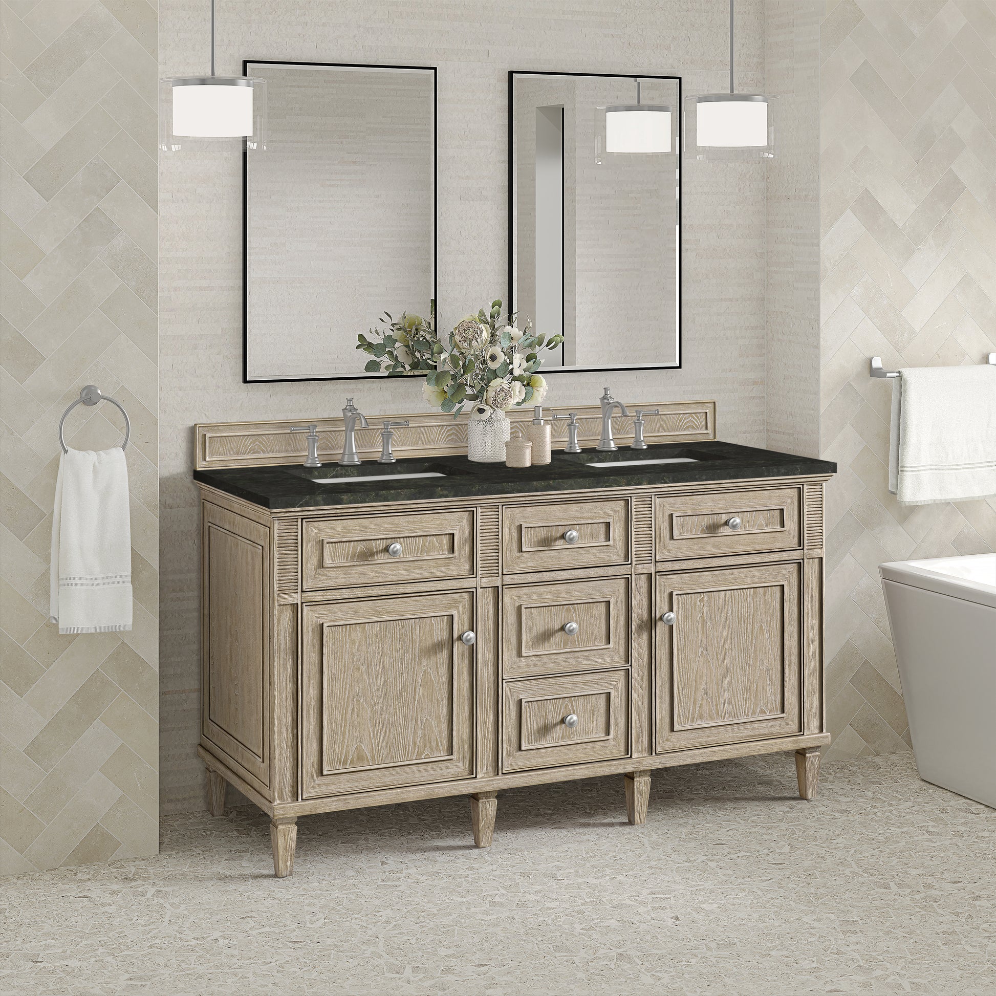 Renovate for Less Atlanta Lorelai 60" Double Vanity, Whitewashed Oak, w/ 3 CM Phantome Eclos Top