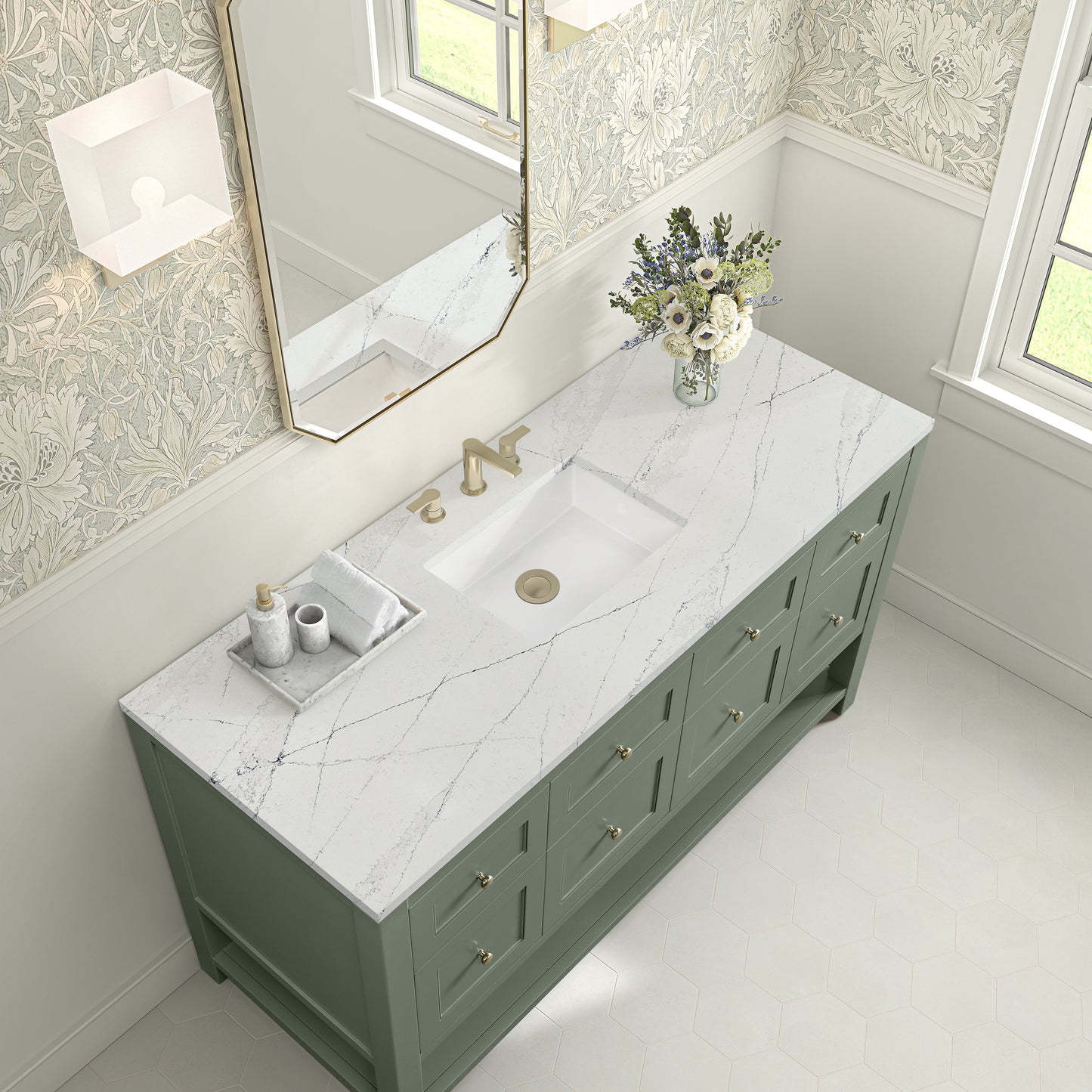Renovate for Less Atlanta Breckenridge 60" Single Vanity, Smokey Celadon, w/ 3 CM Ethereal Noctis Quartz Top