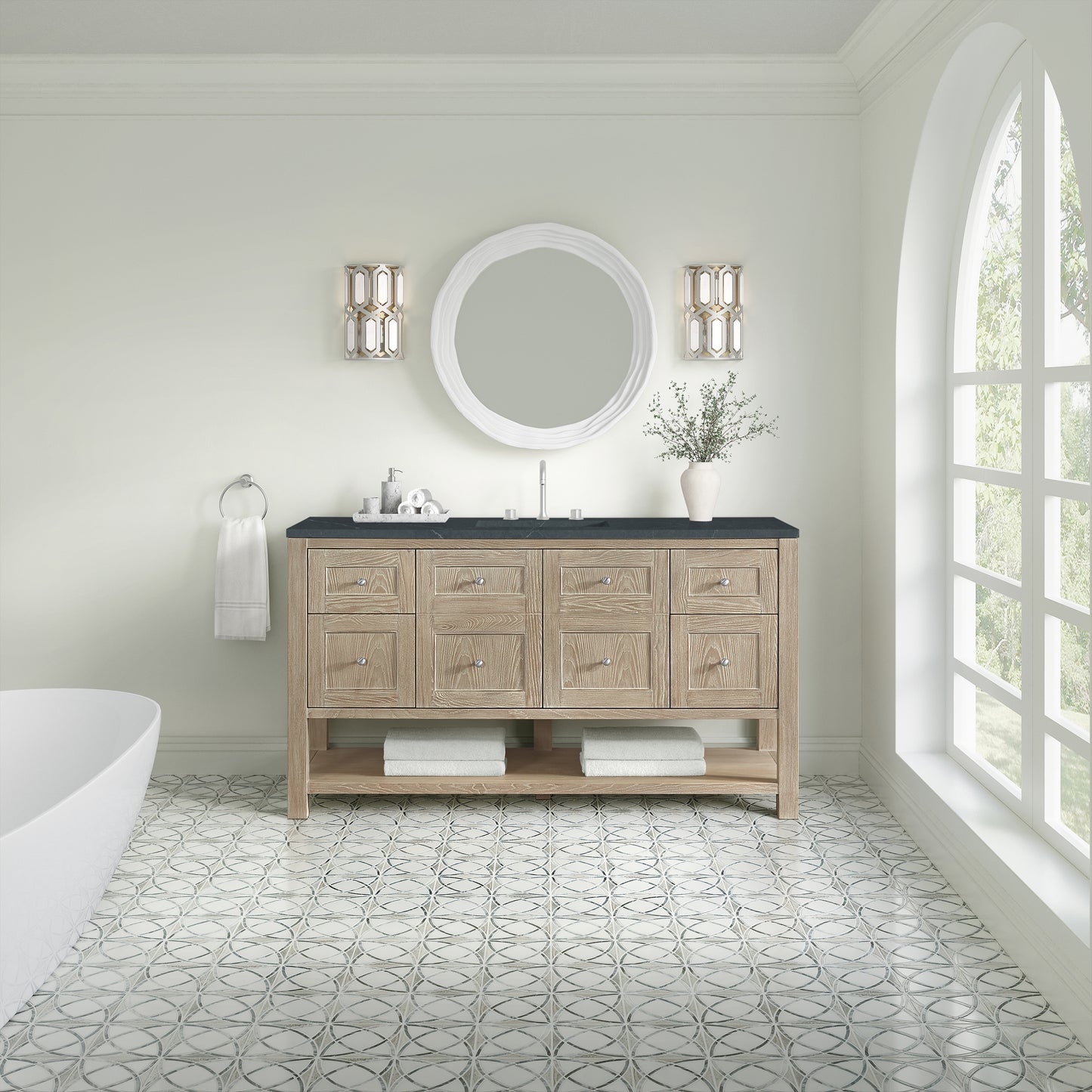 Renovate for Less Atlanta Breckenridge 60" Single Vanity, Whitewashed Oak, w/ 3 CM Charcoal Soapstone Quartz Top
