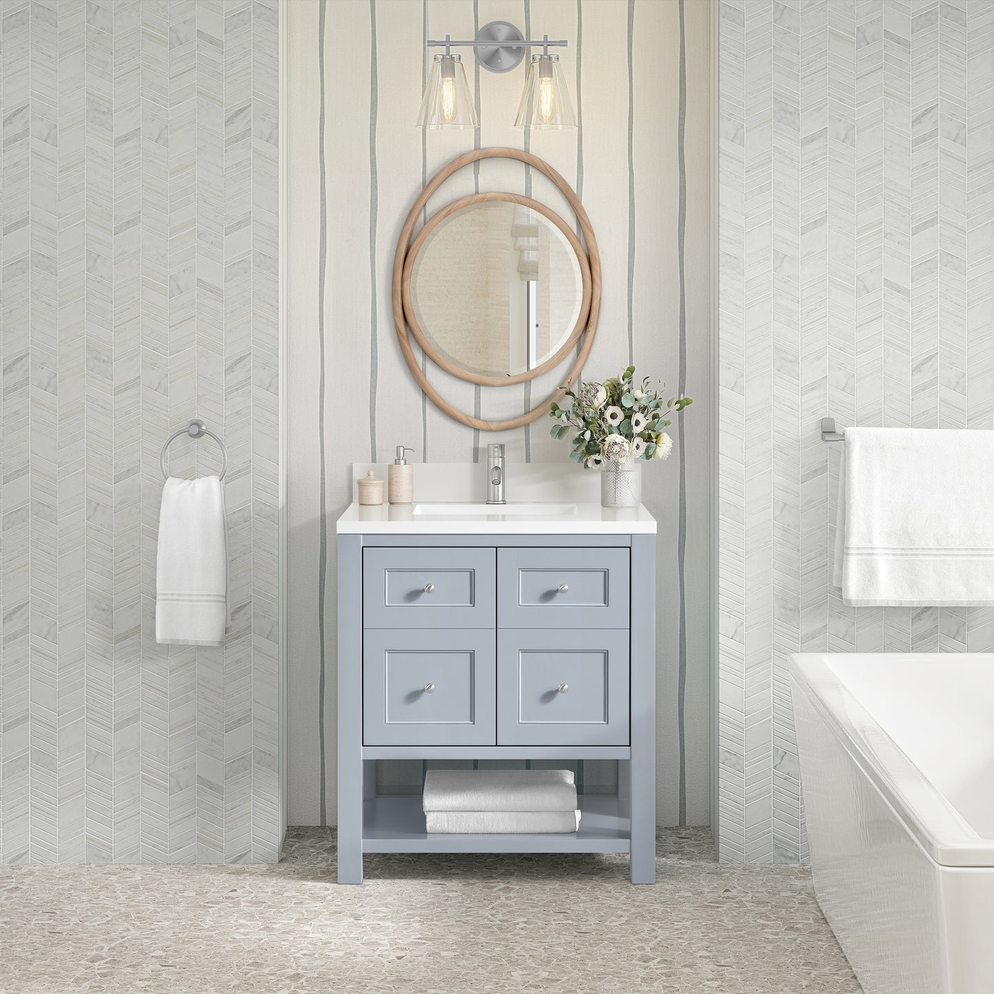 Renovate for Less Atlanta Breckenridge 30" Single Vanity, Serenity Blue, w/ Single Hole 3 CM White Zeus Quartz Top & Backsplash