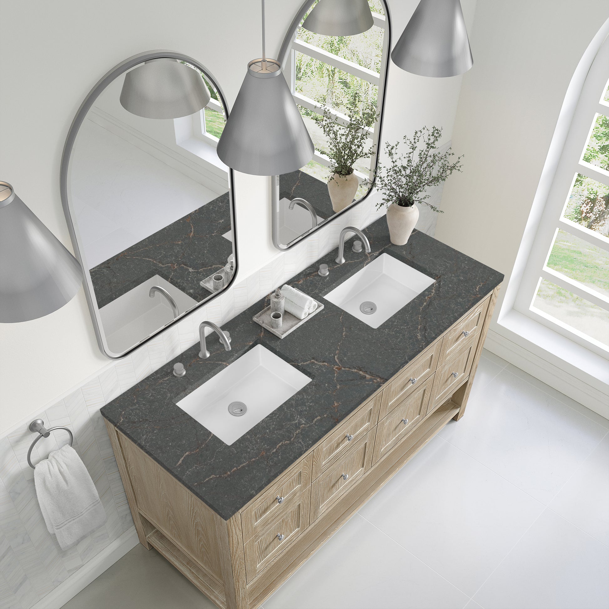 Renovate for Less Atlanta Breckenridge 60" Double Vanity, Whitewashed Oak w/ 3 CM Parisien Bleu Top