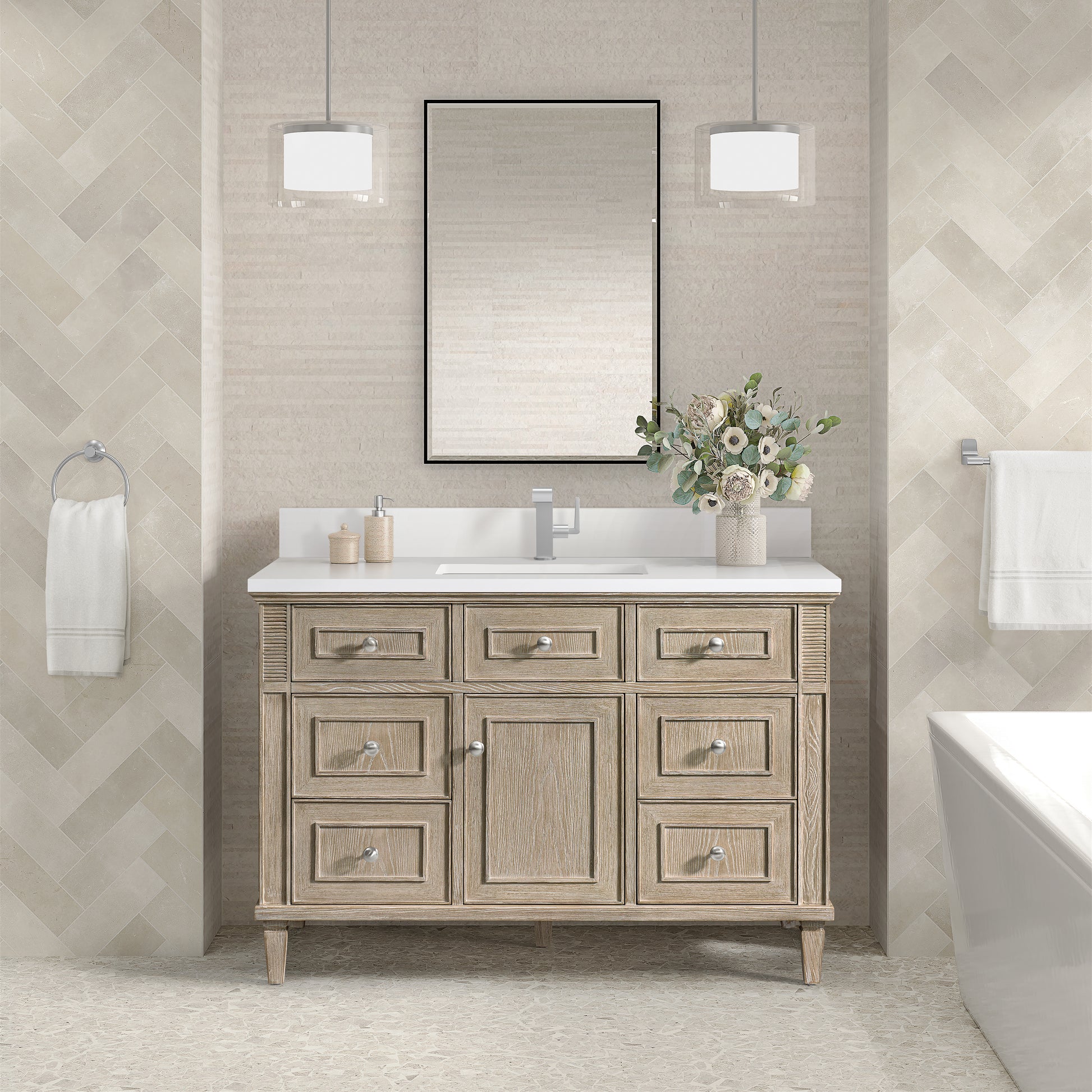 Renovate for Less Atlanta Lorelai 48" Single Vanity, Whitewashed Oak w/ Single Hole 3 CM White Zeus Silestone Top & Backsplash
